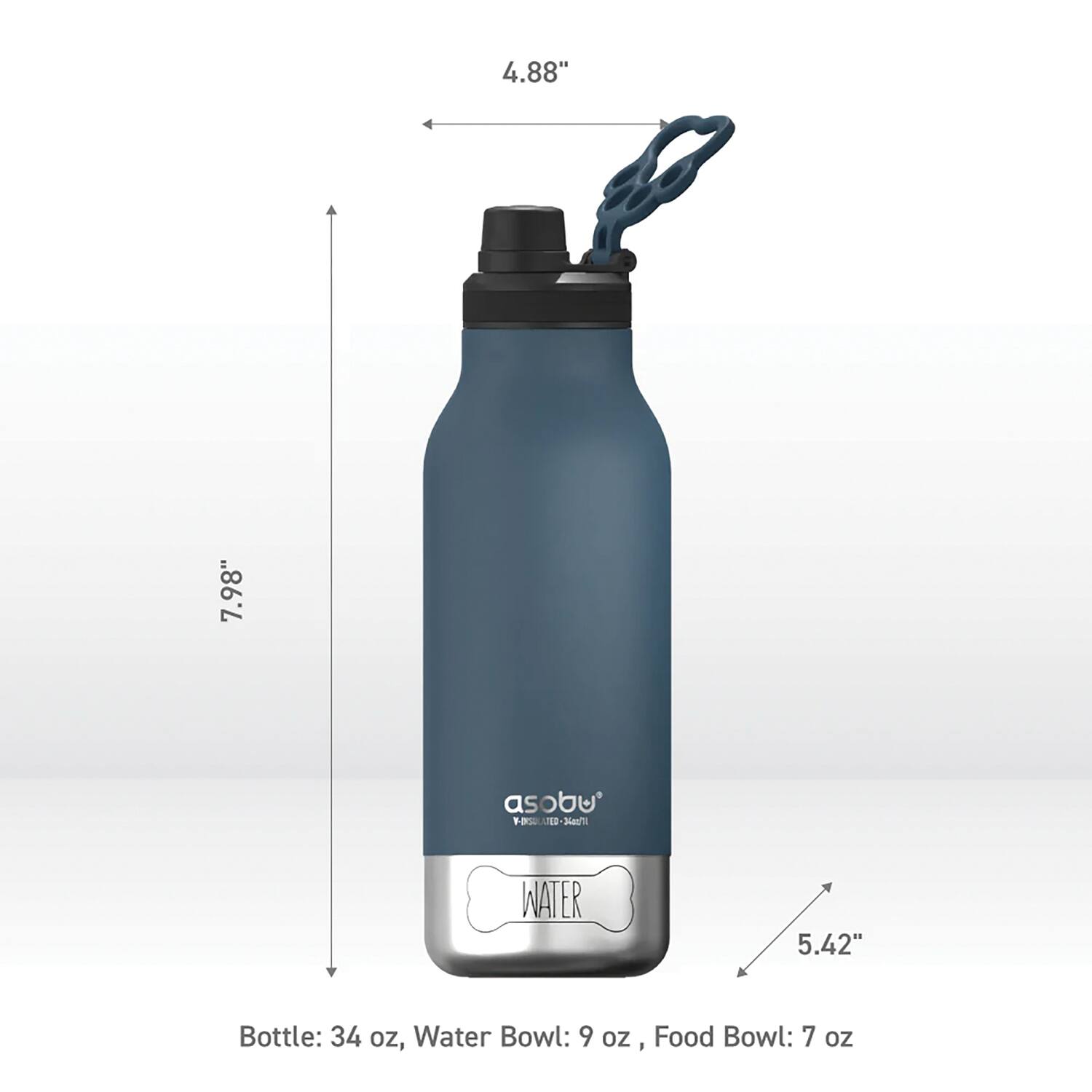 4.88" 7.98" asobu -5L7B-3as1  
WATER  
Bottle: 34 oz, Water Bowl: 9 oz, Food Bowl: 7 oz