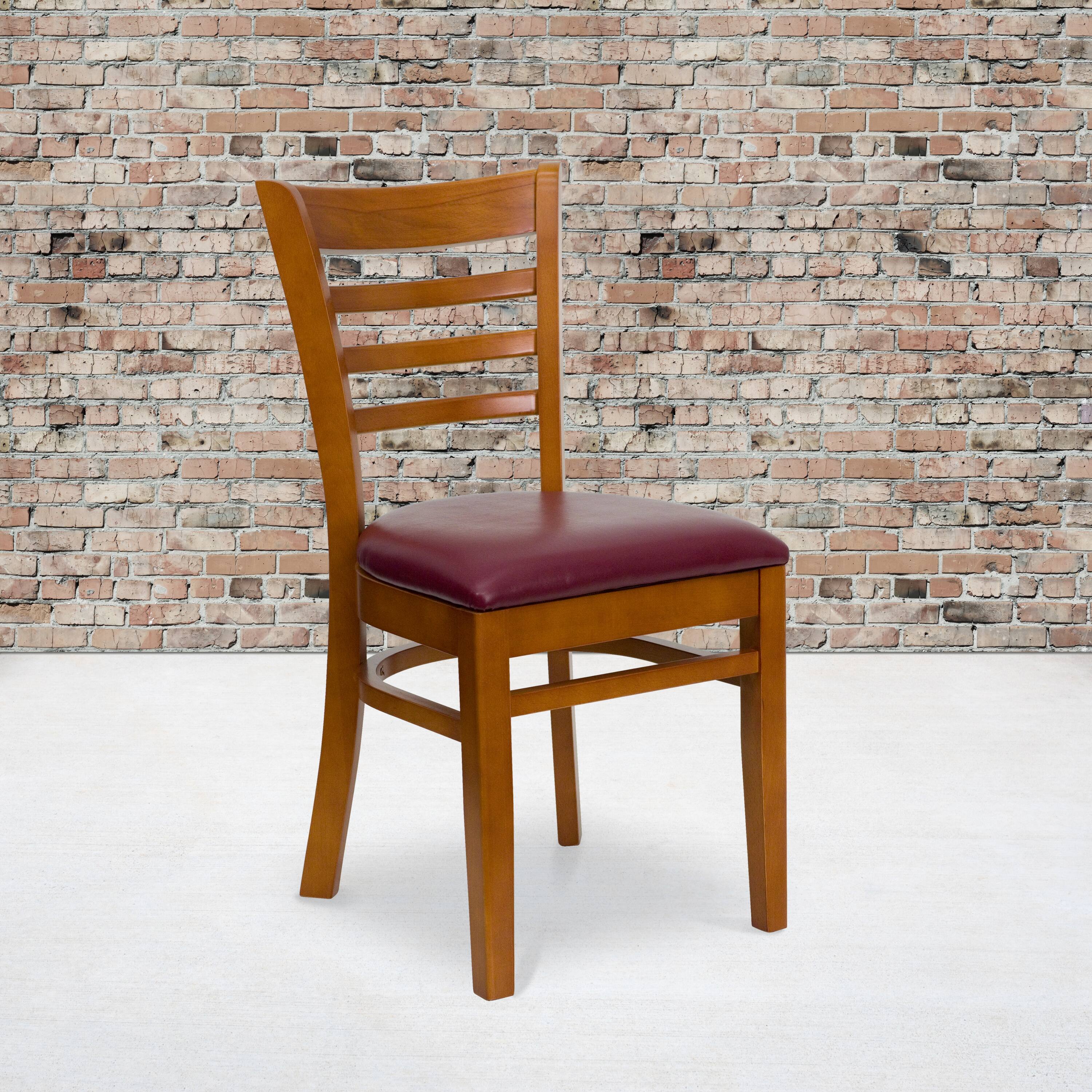 Alt View 2. Emma + Oliver - 2 Pack Ladder Back Wooden Restaurant Chair - Burgundy Vinyl Seat/Cherry Wood Frame.