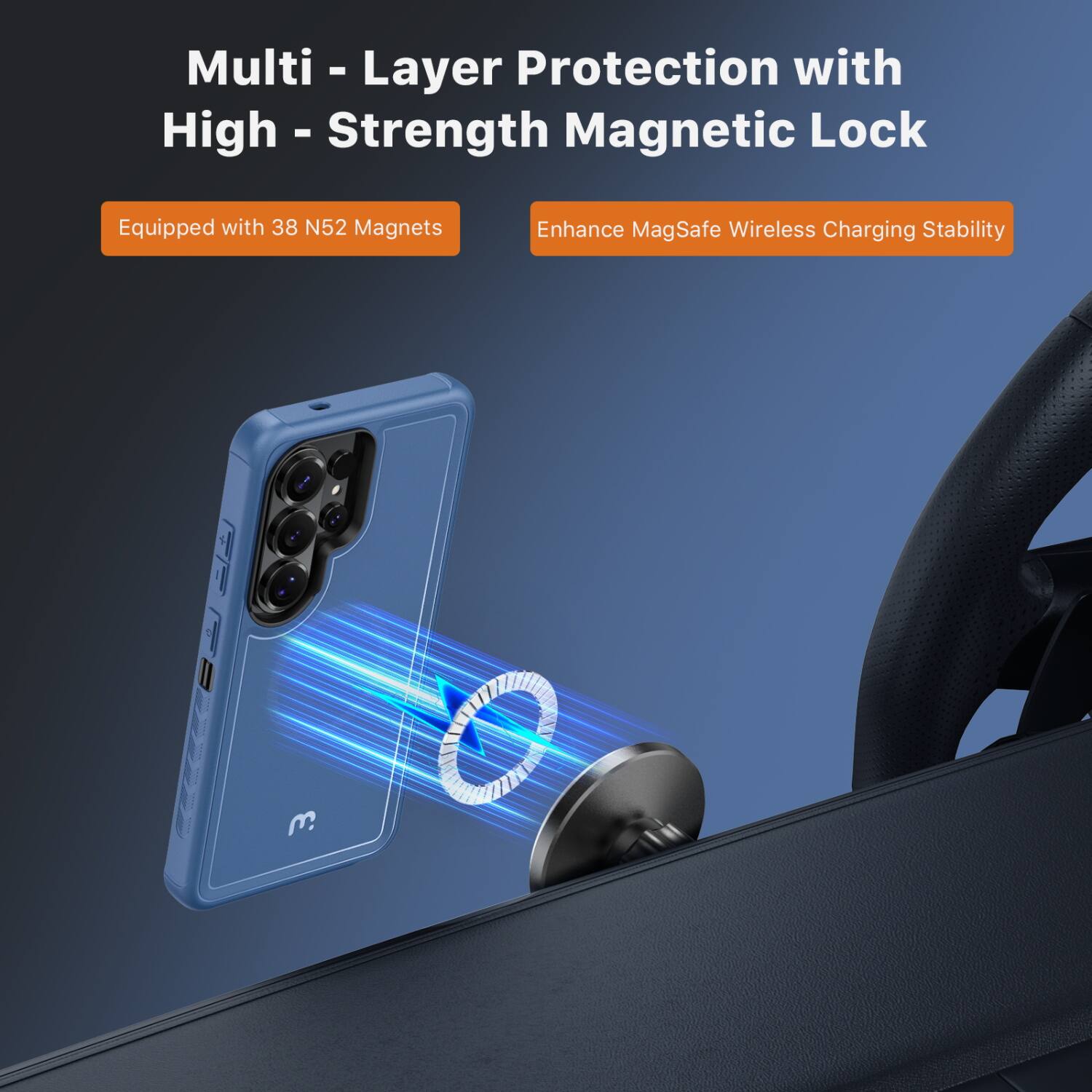 Multi-Layer Protection with High-Strength Magnetic Lock  
Equipped with 38 N52 Magnets  
Enhance MagSafe Wireless Charging Stability