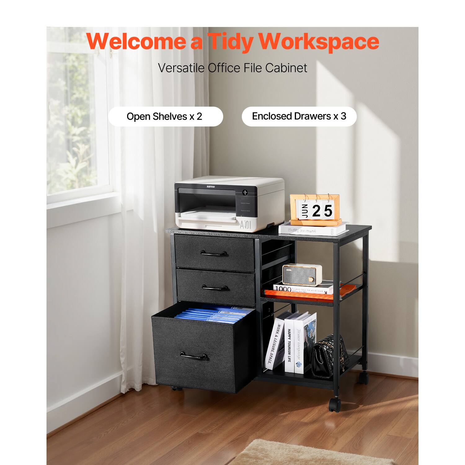 Welcome a Tidy Workspace  
Versatile Office File Cabinet  
Open Shelves x 2  
Enclosed Drawers x 3