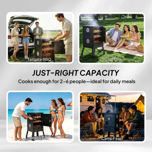 Tailgate BBQ Picnic Grill  
JUST-RIGHT CAPACITY  
Cooks enough for 2-6 people—ideal for daily meals  
Beach BBQ Camp Feast