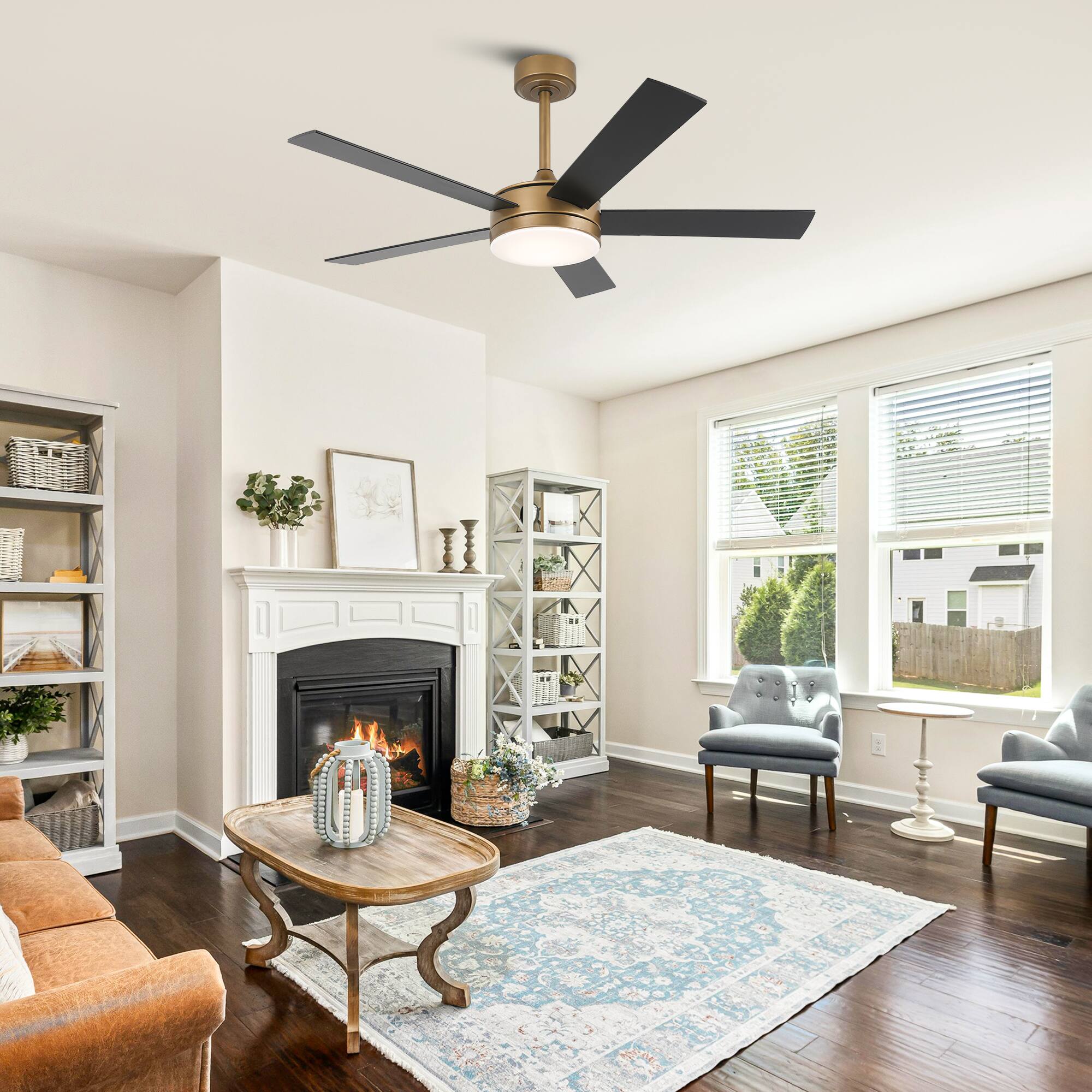 Alt View 1. Vaczon - 48" Modern Dimmable LED Smart Ceiling Fan with Light and App, Remote and Reversible Blades - Gold.