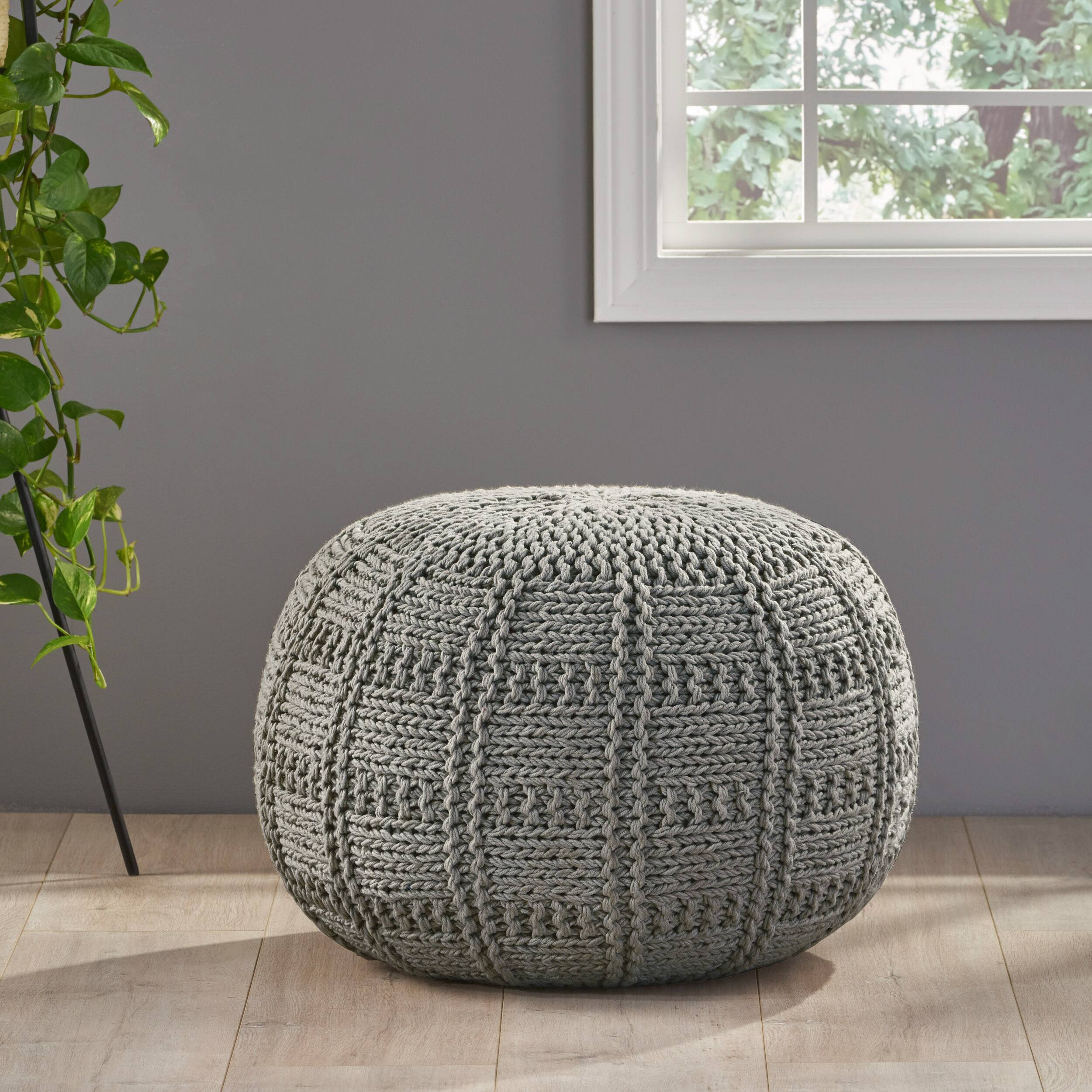 Angle. GOODSILO - Modern Knit Weave Round Pouf Ottoman - Soft Cotton Upholstery, Versatile Seating and Footrest for Living Room Decor - Cotton.