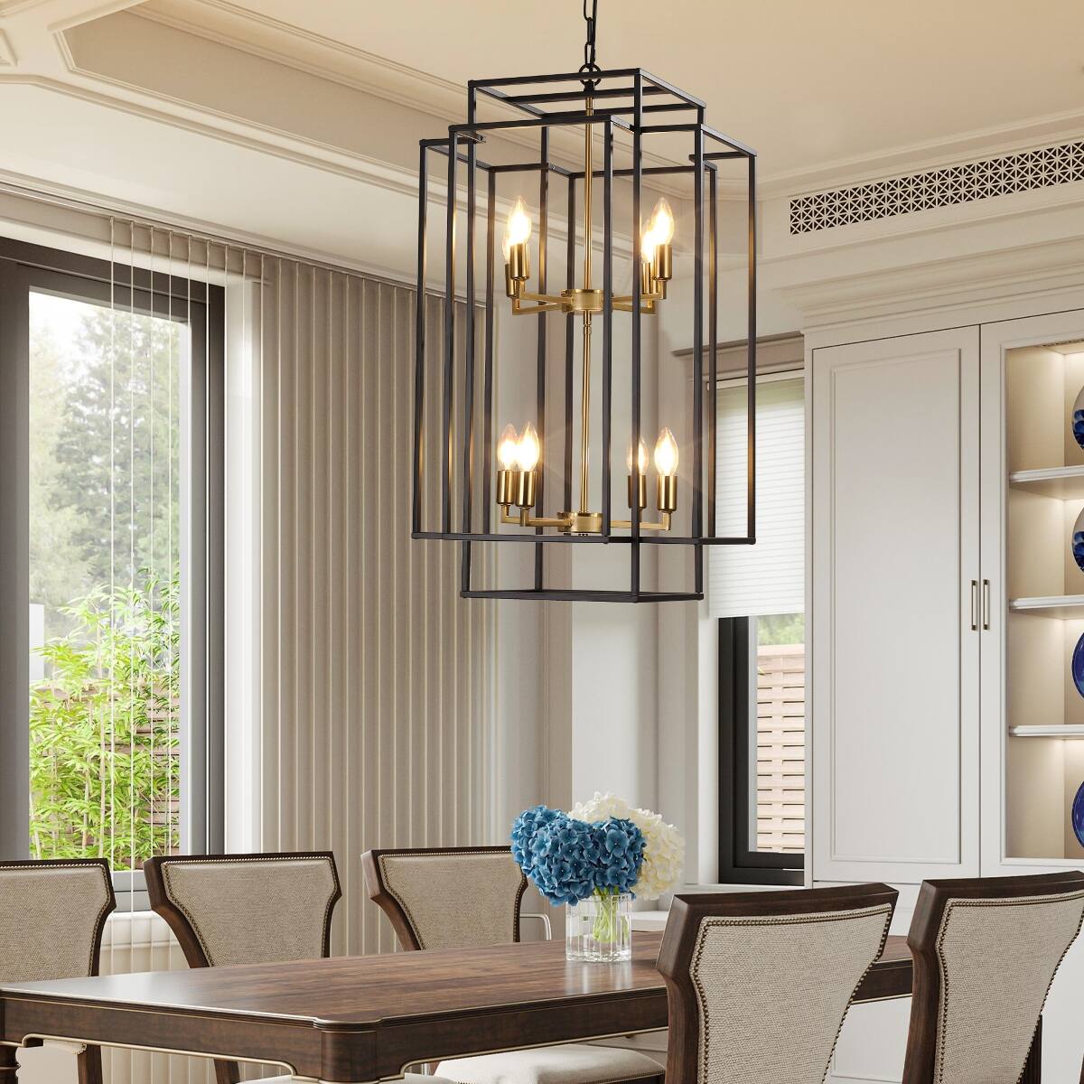 Alt View 1. Loheer - Loheer 18 Inch Modern Eight Light Chandelier Black Gold Geometric Pendant for Dining Room Kitchen.