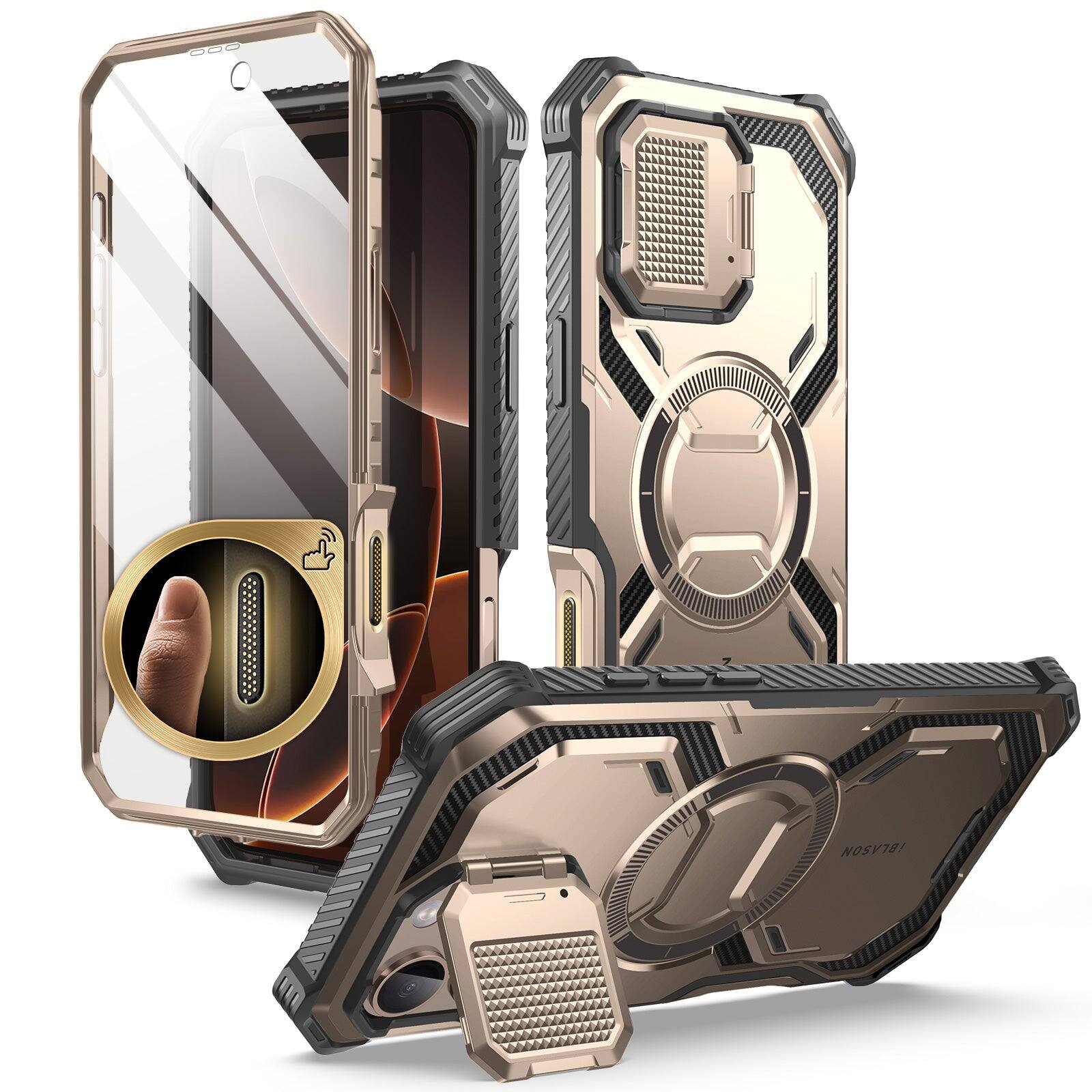 Angle. i-Blason - i-Blason Armorbox Case for iPhone 16 Pro Max – MagSafe, Kickstand, Screen Protector, Military-Grade - Rose Gold.