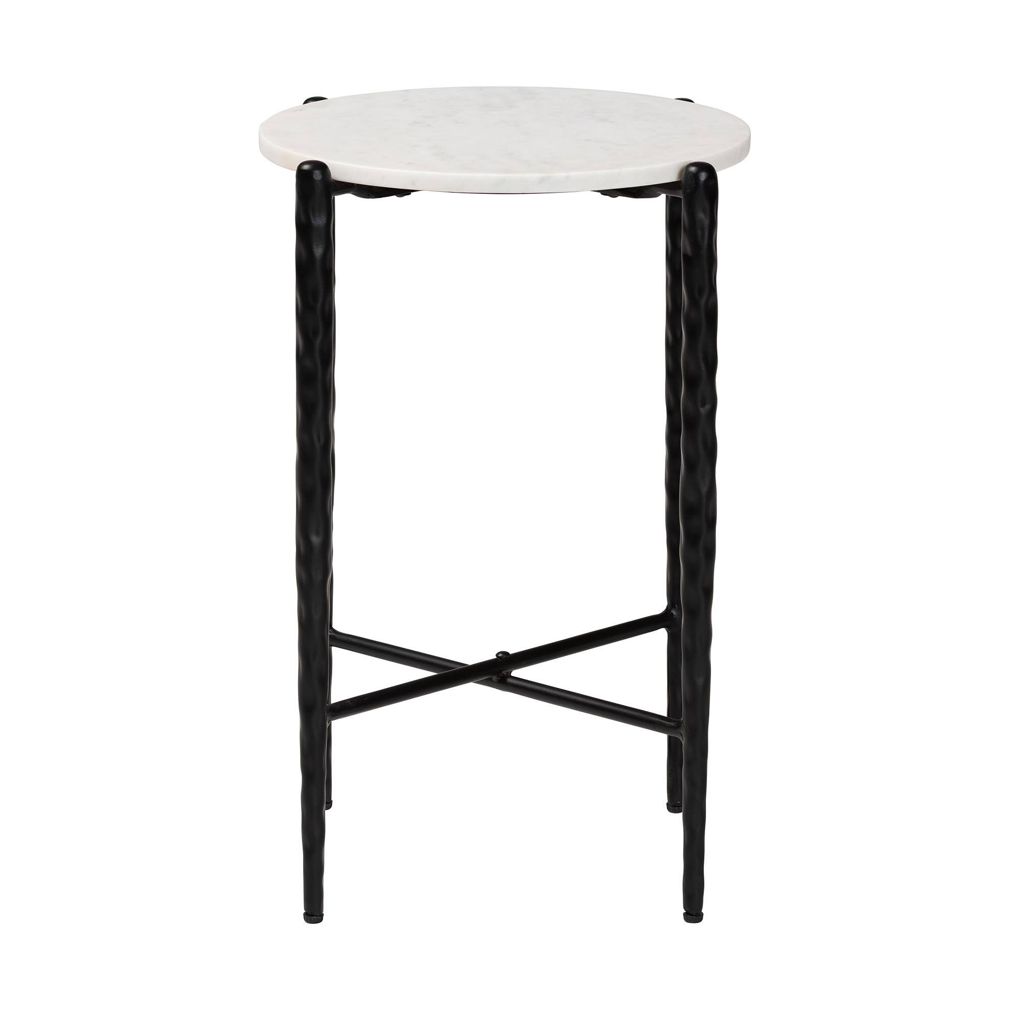 Angle. Baxton Studio - Caledon Marble Side Table - Modern Rustic Accent Table with Hand-Forged Metal Frame, Round - Marble White/Black.