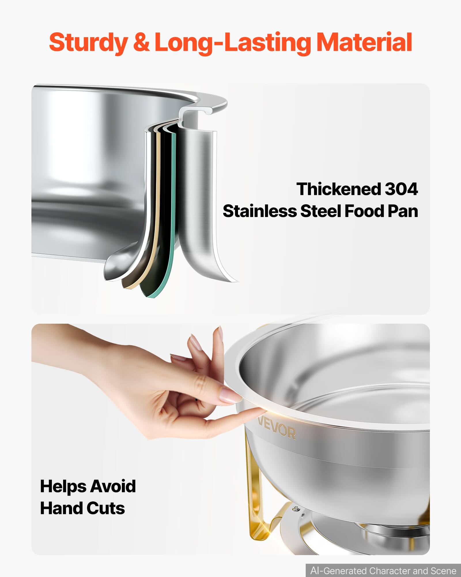 Sturdy & Long-Lasting Material

Thickened 304 Stainless Steel Food Pan

Helps Avoid Hand Cuts

AI-Generated Character and Scene