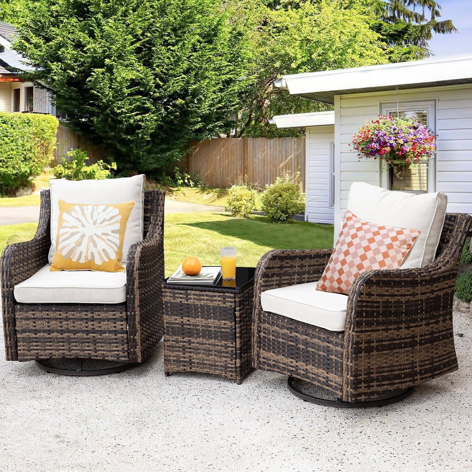 Alt View 5. Yardgrace - 3-Piece Outdoor Swivel Rocker Set – Washable Cushions & Tempered Glass Table for Patio, Lawn, Porch, Backyard - Beige.
