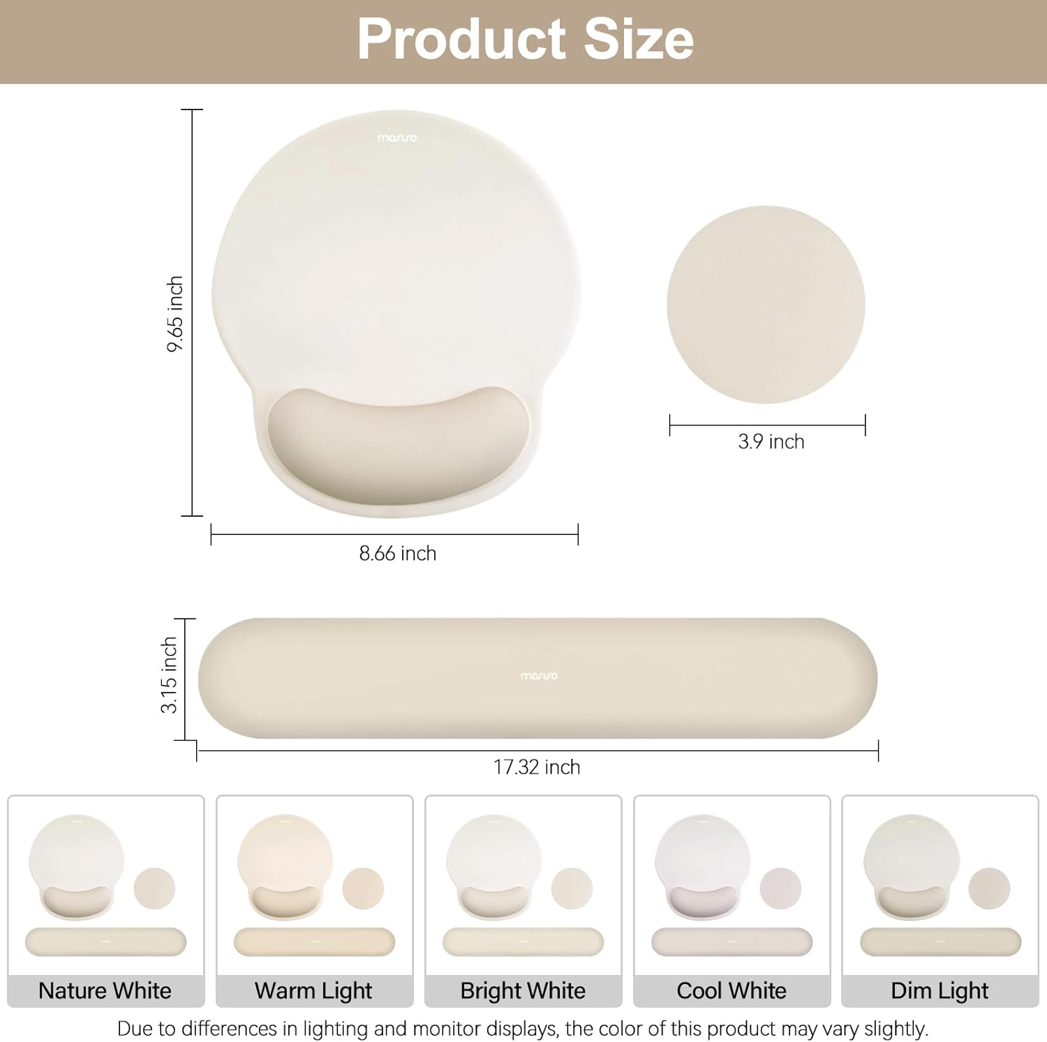 Product Size  
- Height: 9.65 inch  
- Diameter: 3.9 inch  
- Length: 8.66 inch  
- Width: 3.15 inch  
- Total Length: 17.32 inch  

Light Options:  
- Nature White  
- Warm Light  
- Bright White  
- Cool White  
- Dim Light  

Due to differences in lighting and monitor displays, the color of this product may vary slightly.