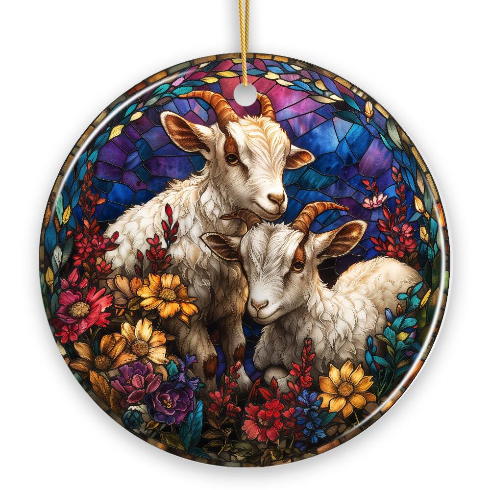 Front. OrnamentallyYou - Elegant Goat Stained Glass Theme Ceramic Ornament Buck and Doe Mountain Animal Decor Version 3 - Multi-colored.