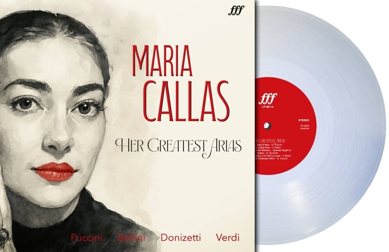 MARIA CALLAS  
HER GREATEST ARIAS  

Puccini  
Bellini  
Donizetti  
Verdi  

LP-887-A  

STEREO  
All rights reserved  

GREATEST ARIAS  
- "Vieai D'Arte" - G. Puccini  
- "Casta Diva" - V. Bellini  
- "Bel Ritratto" - G. Donizetti  
- "Nel Chiamano Sireno" - G. Donizetti  
- "Quando L'Uva è Matura" - G. Puccini  
- "In Cielo" - G. Puccini  
- "Chiamano Mini" - G. Puccini