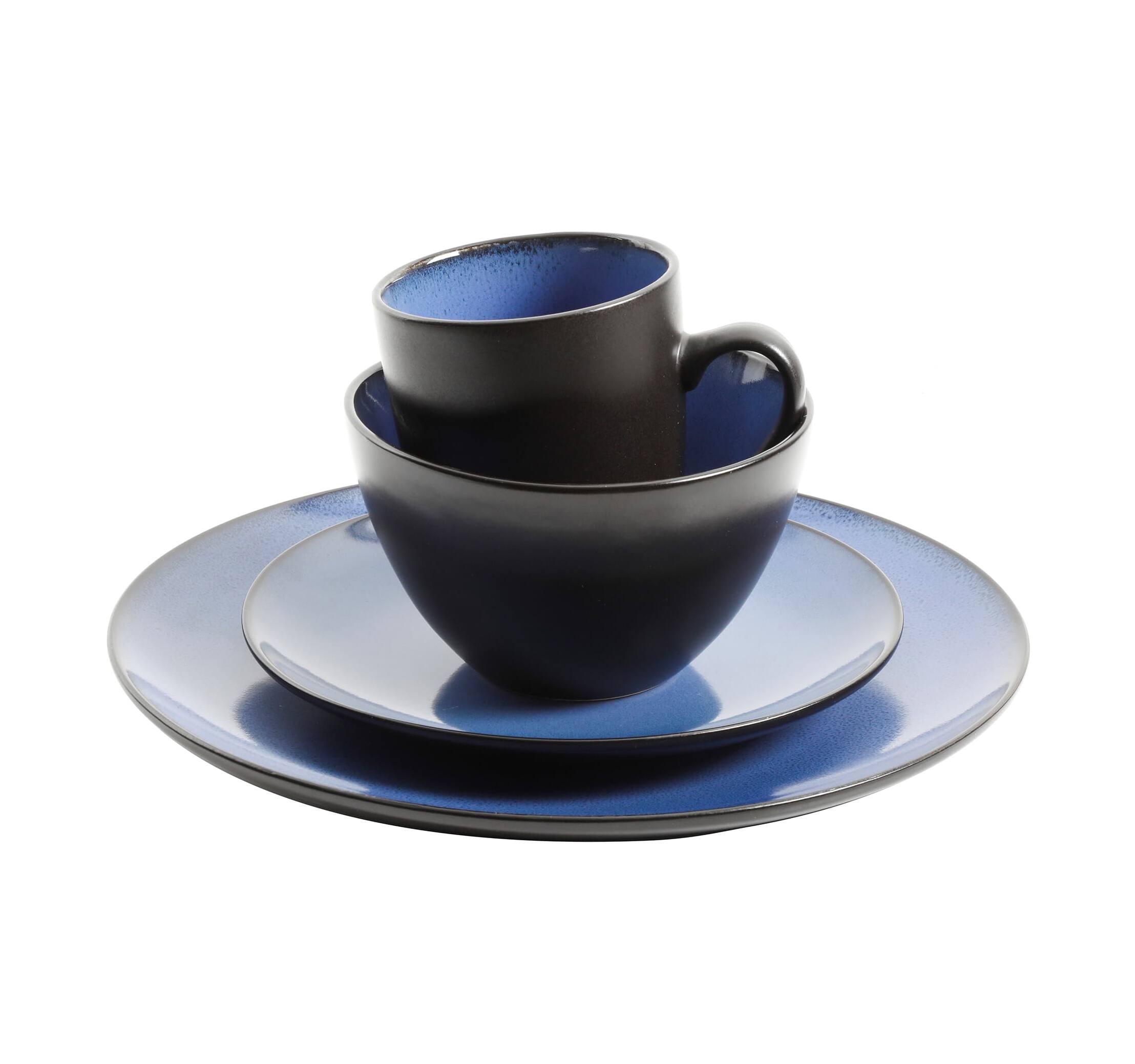 Left. Dazzed Corner - Round Reactive Glaze Stoneware Dinnerware Set, Service for 4 (16pc) - Blue.