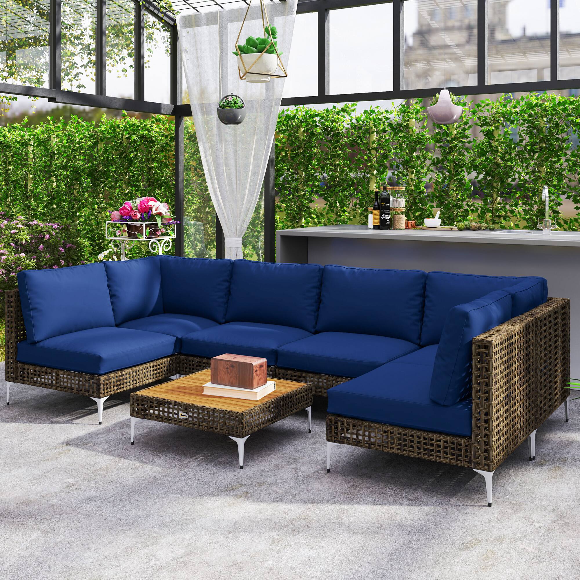 Alt View 1. Outsunny - Piece Wicker Patio Furniture Set, Modular Outdoor Sectional with Thickened Cushions - Brown/Dark Blue.