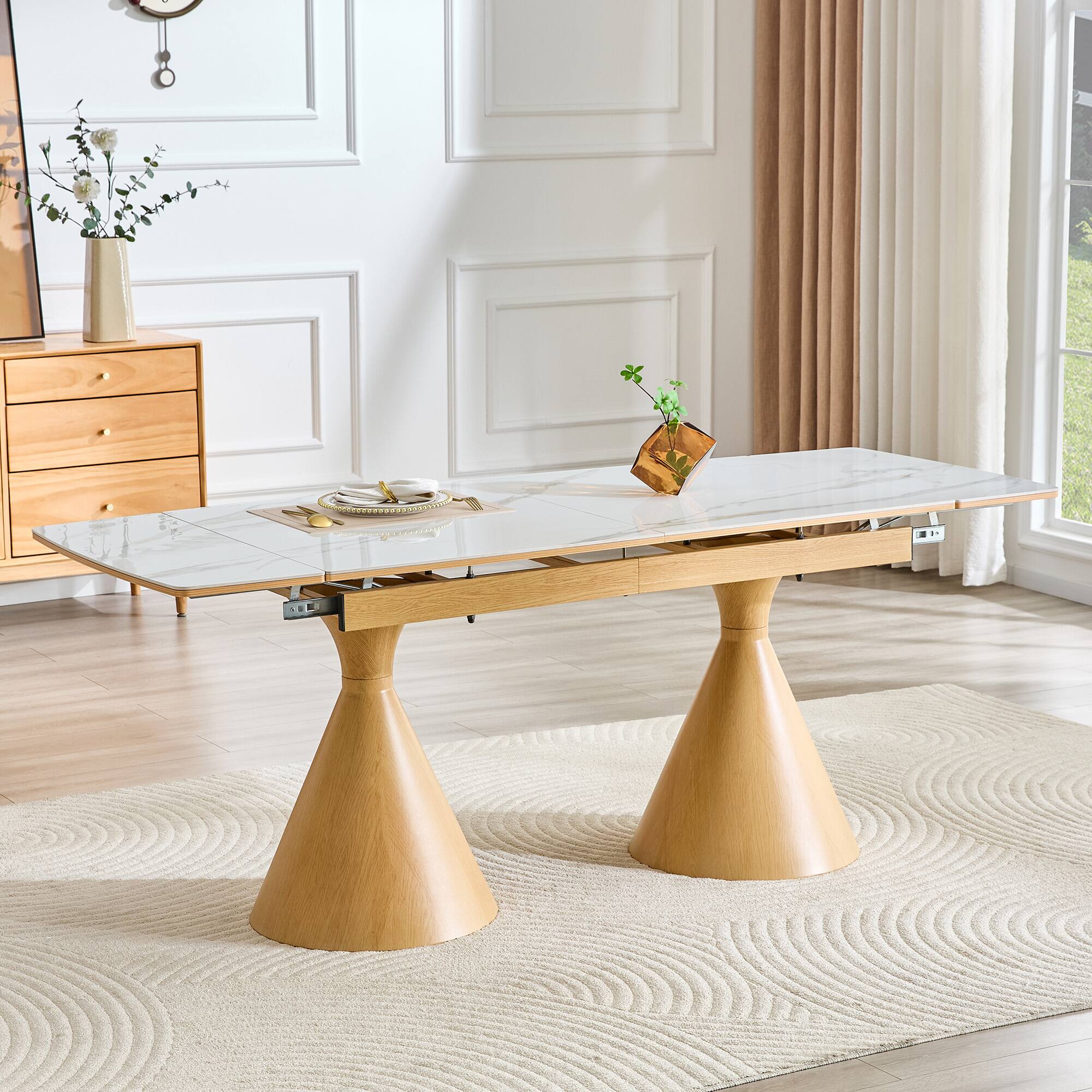 Alt View 1. Loheer - Loheer Extendable Dining Table, White Marble Effect Sintered Stone Top, Modern Rectangle for 4 to 8 People - White and wood.
