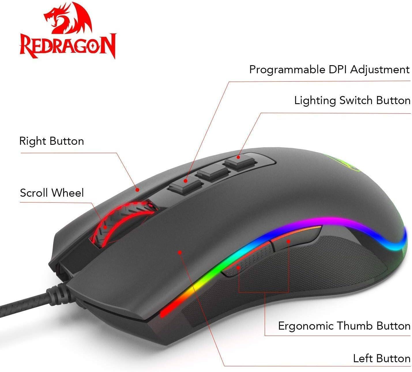 REDRAGON  
Programmable DPI Adjustment  
Lighting Switch Button  
Right Button  
Scroll Wheel  
Ergonomic Thumb Button  
Left Button