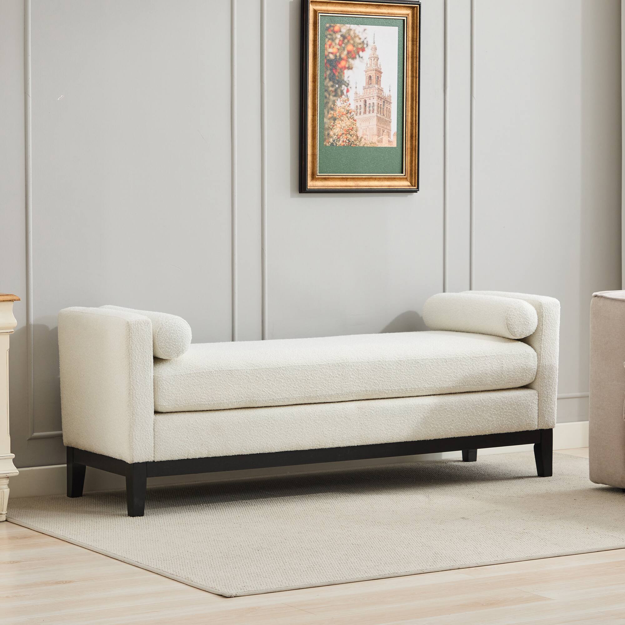 Front. TinyHomie - 66W Elegant Upholstered Bench Daybed Ottoman Ivory Boucle Wood Legs 2 Pillows - white.