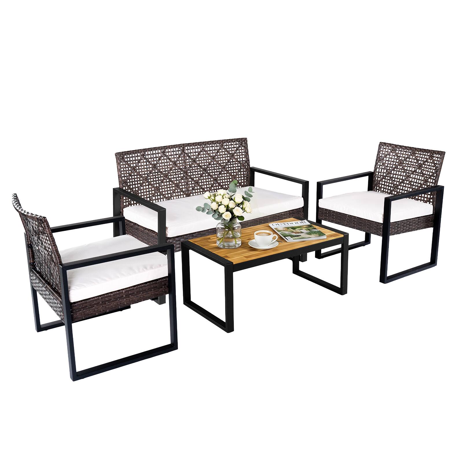 Alt View 1. Costway - Costway 4-Piece Patio Conversation Set with 2 Single Chairs Cushioned Loveseat Coffee Table - Mixed Brown + Black + White.