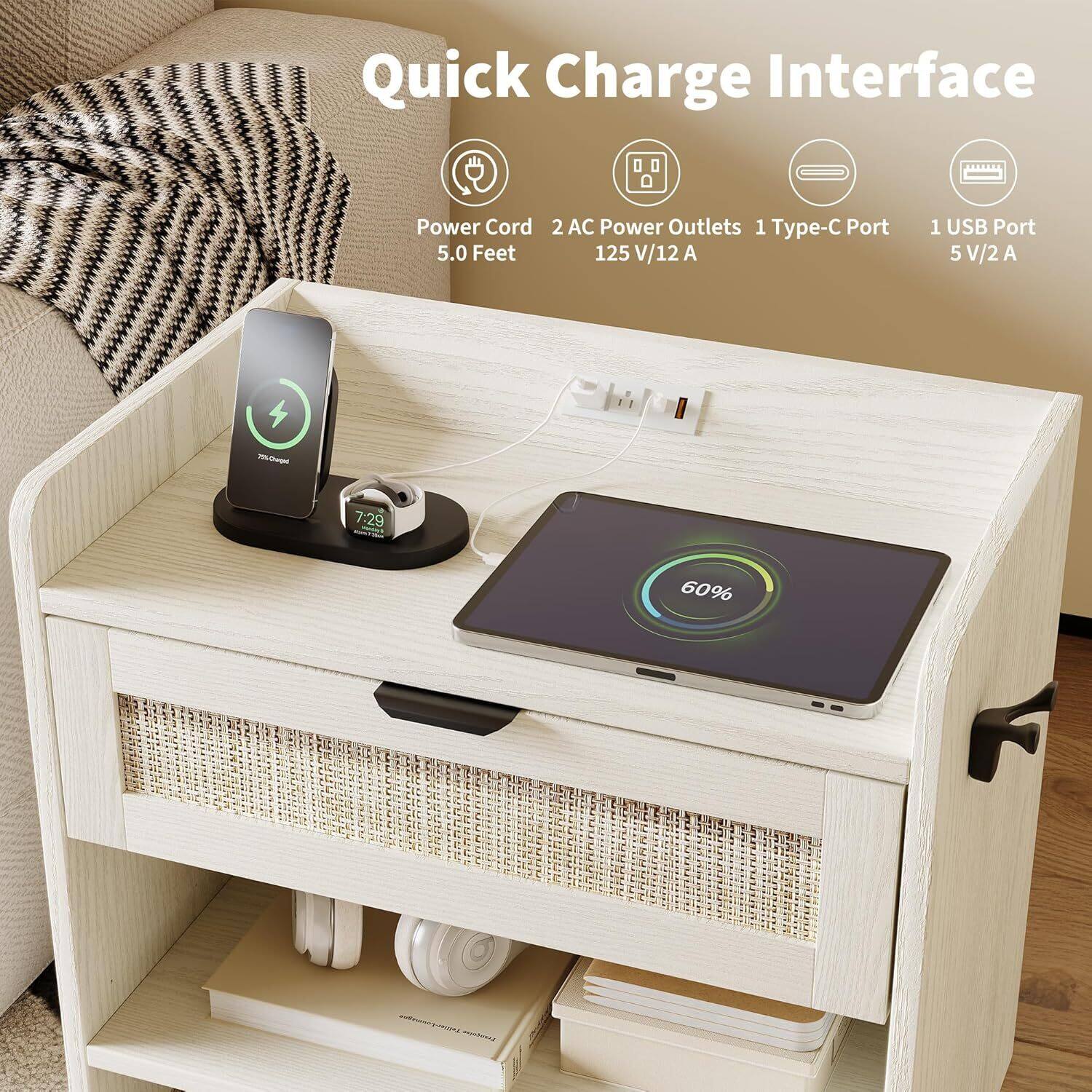 Quick Charge Interface

- Power Cord: 5.0 Feet
- 2 AC Power Outlets: 125 V/12 A
- 1 Type-C Port
- 1 USB Port: 5 V/2 A

7:29
60%