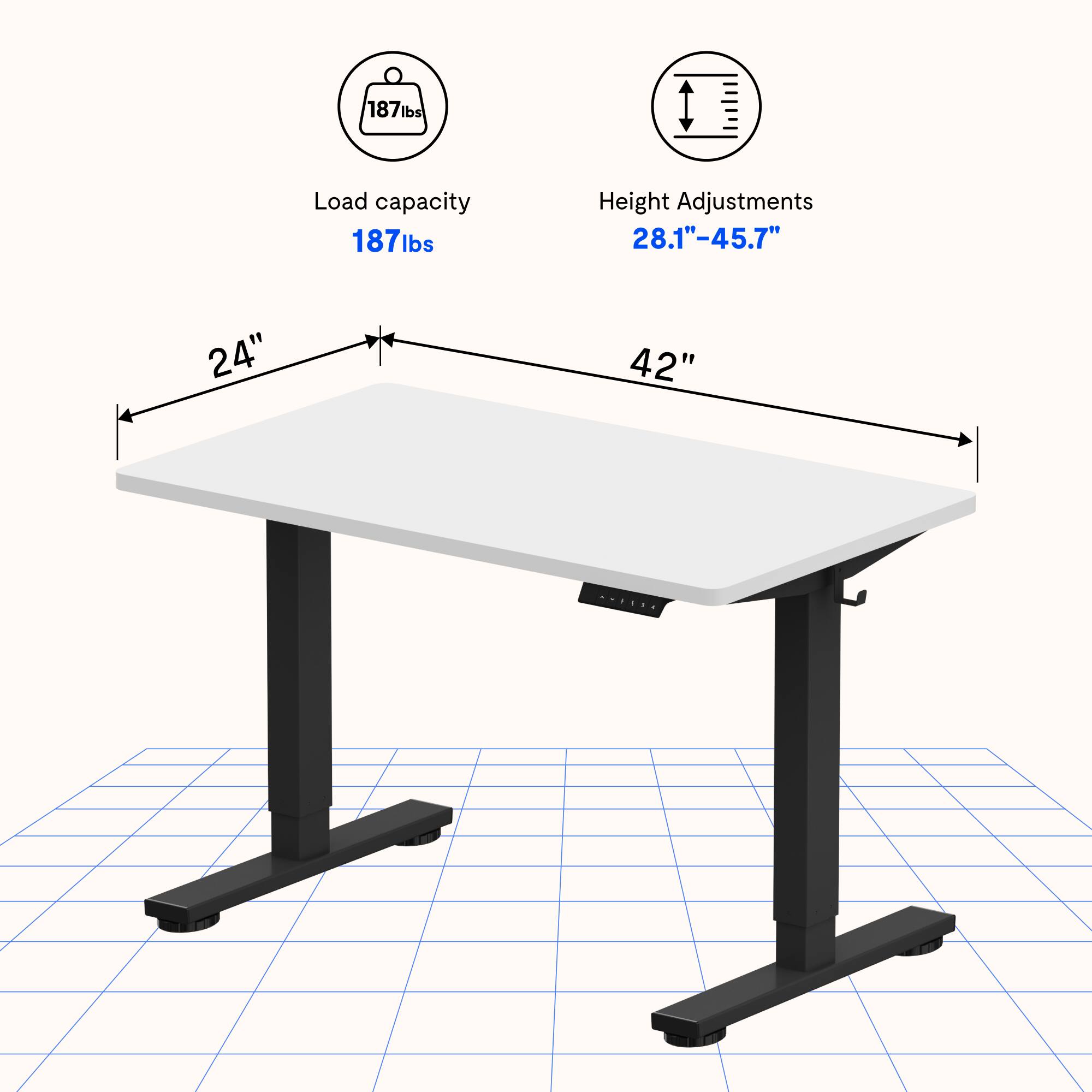 Load capacity: 187 lbs

Height Adjustments: 28.1" - 45.7"

Table Dimensions: 24" x 42"