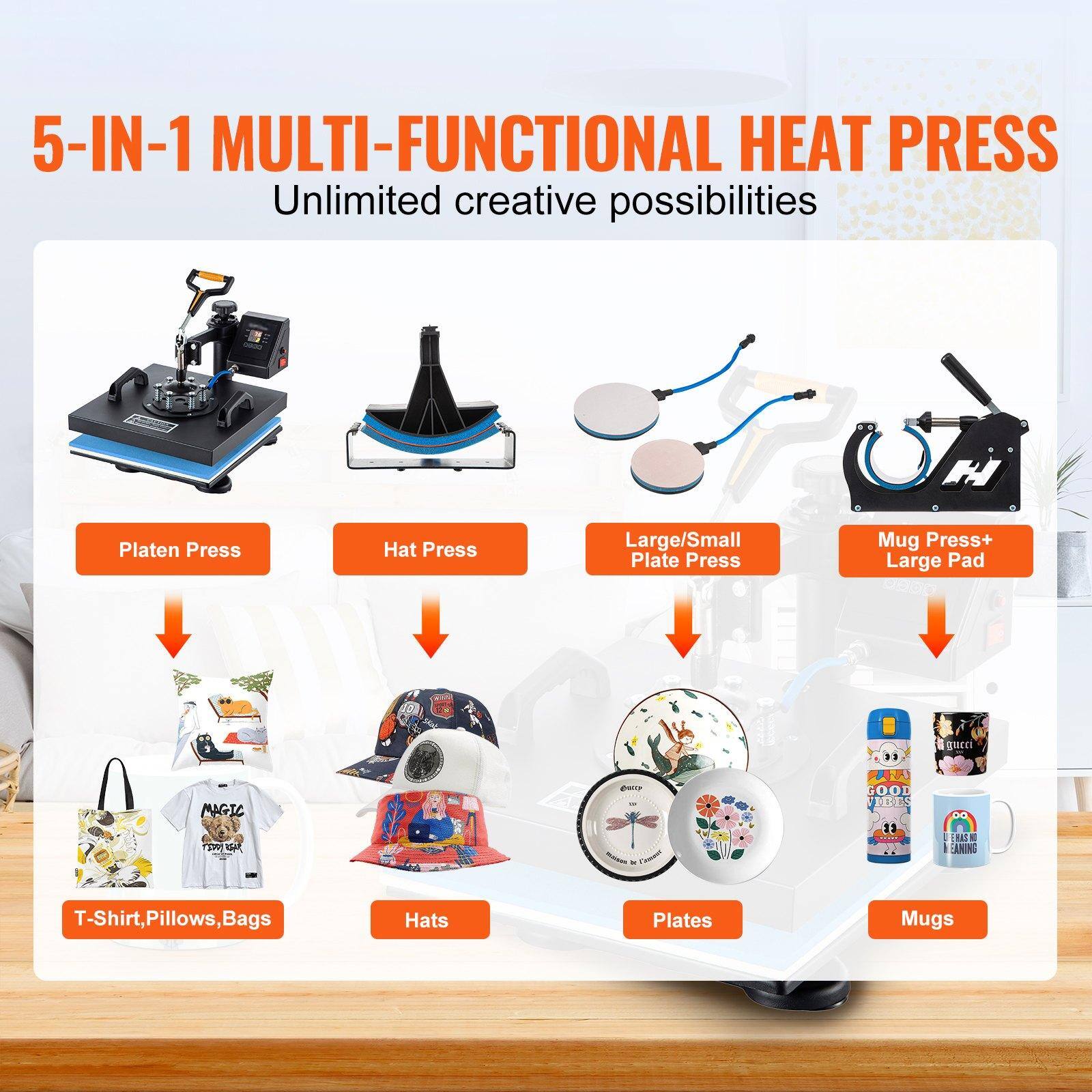 5-IN-1 MULTI-FUNCTIONAL HEAT PRESS  
Unlimited creative possibilities  

- Platen Press  
- Hat Press  
- Large/Small Plate Press  
- Mug Press+ Large Pad  

- T-Shirt, Pillows, Bags  
- Hats  
- Plates  
- Mugs