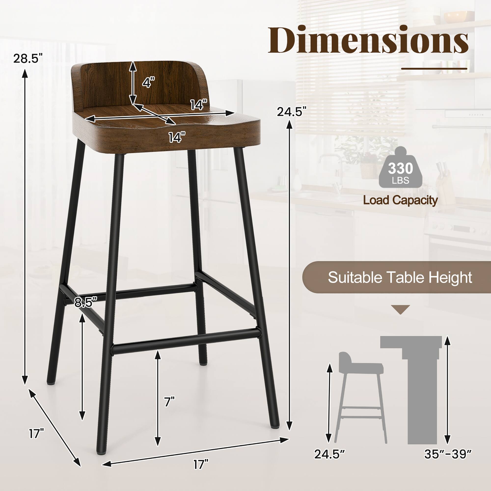Dimensions: 28.5", 24.5", 14", 14", 8.5", 17", 17"

Load Capacity: 330 LBS

Suitable Table Height: 24.5", 35"-39"