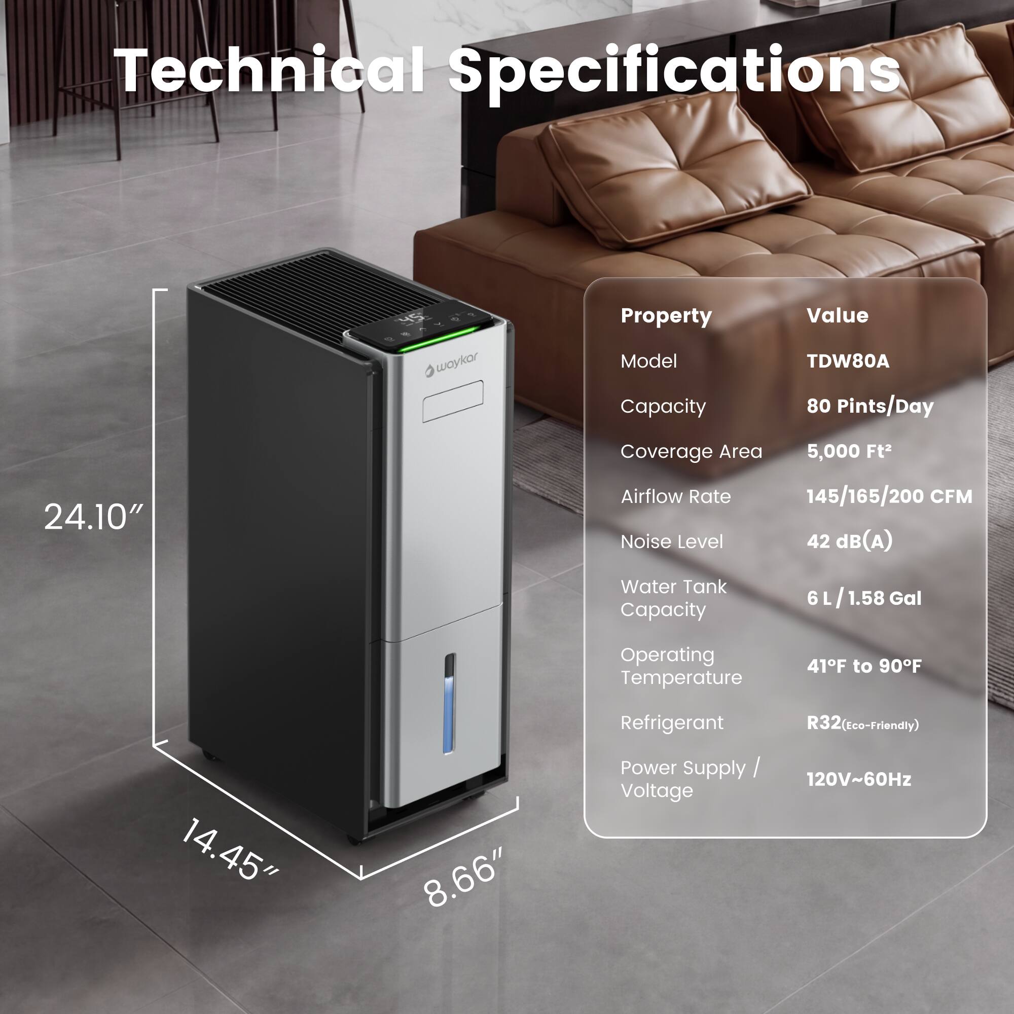 Technical Specifications

Property | Value
--- | ---
Model | TDW80A
Capacity | 80 Pints/Day
Coverage Area | 5,000 Ft²
Airflow Rate | 145/165/200 CFM
Noise Level | 42 dB(A)
Water Tank Capacity | 6 L/1.58 Gal
Operating Temperature | 41°F to 90°F
Refrigerant | R32 (Eco-Friendly)
Power Supply / Voltage | 120V~60Hz