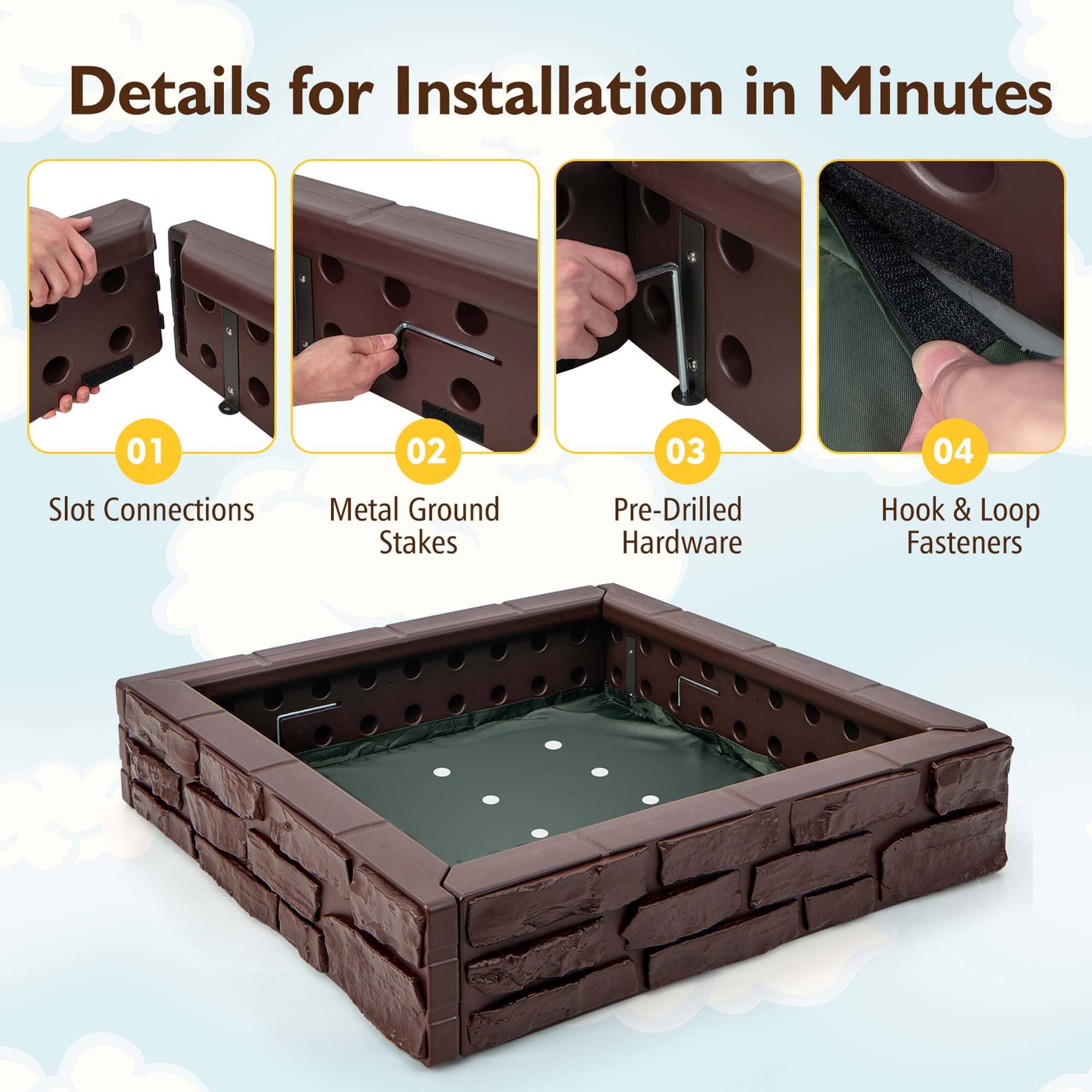 Details for Installation in Minutes

01 Slot Connections

02 Metal Ground Stakes

03 Pre-Drilled Hardware

04 Hook & Loop Fasteners