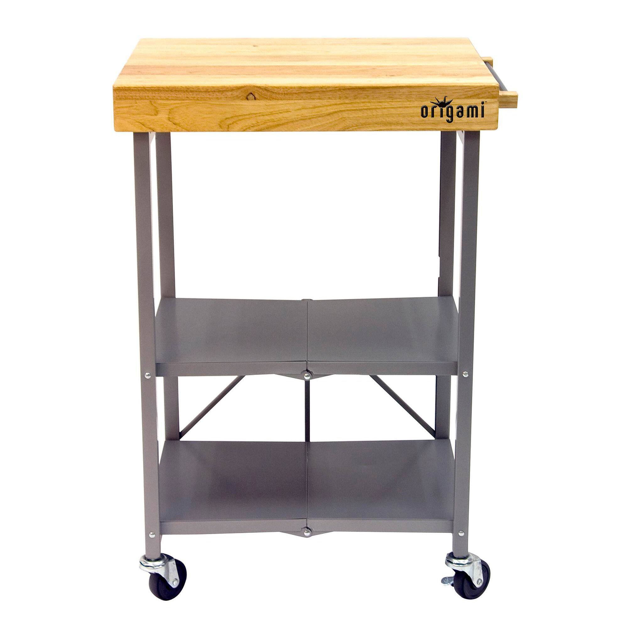 Alt View 4. Origami - Origami Foldable Wheeled Portable Solid Wood Top Kitchen Island Bar Cart, Silver - Silver, Solid wood top.