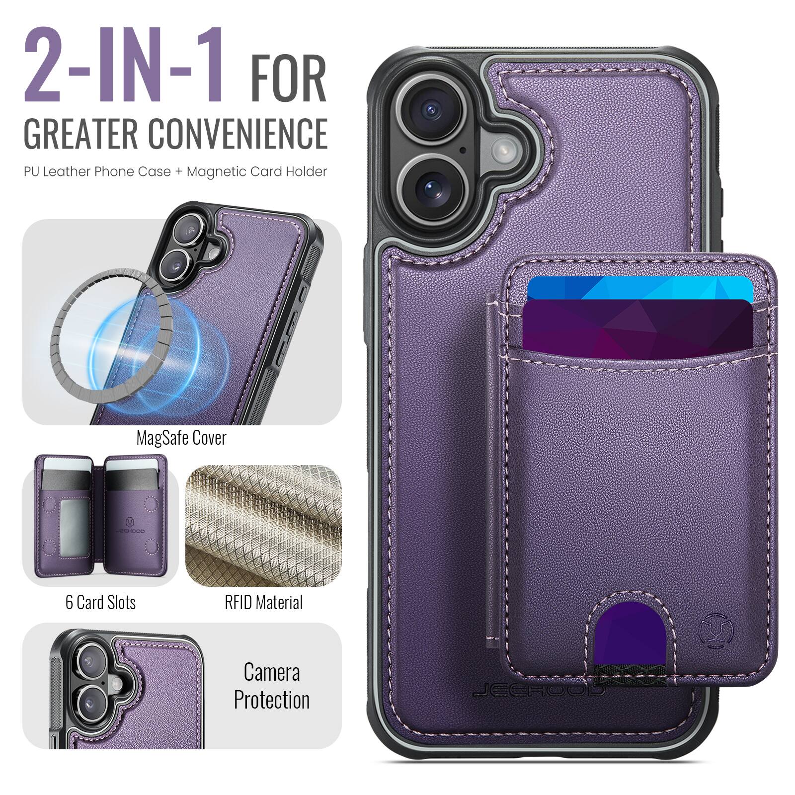 2-IN-1 FOR GREATER CONVENIENCE  
PU Leather Phone Case + Magnetic Card Holder  
MagSafe Cover  
6 Card Slots  
RFID Material  
Camera Protection