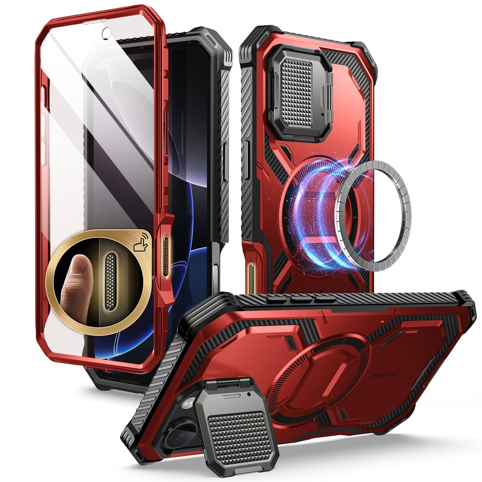 Left. i-Blason - i-Blason Armorbox Case for iPhone 16 Pro – MagSafe, Kickstand, Screen Protector, Military-Grade - Metallic Red.