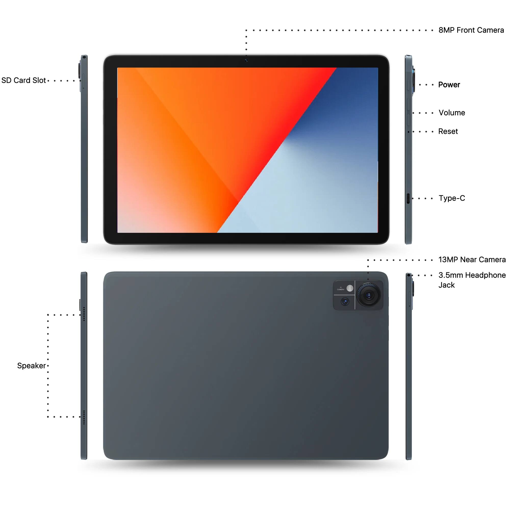 - 8MP Front Camera
- SD Card Slot
- Power
- Volume
- Reset
- Type-C
- 13MP Near Camera
- 3.5mm Headphone Jack
- Speaker