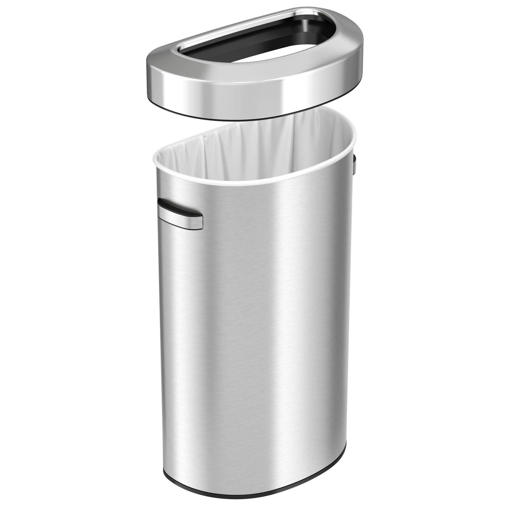 Left. iTouchless - 23 Gallon Stainless Steel Semi-Round Open Top Kitchen Trash Can - Silver.