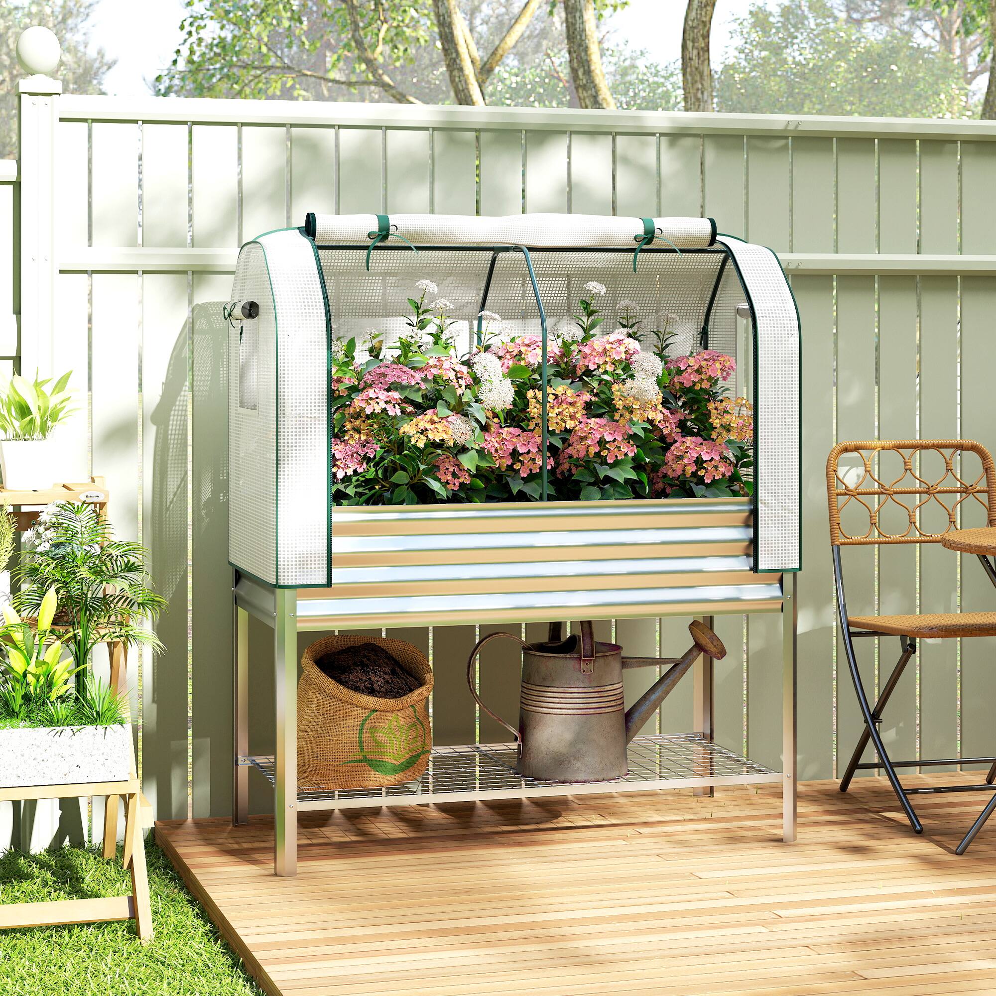 Alt View 1. Outsunny - Galvanised Raised Garden Bed with Greenhouse Cover, Metal Elevated Garden Bed with Legs, Bed Liner and Bottom Shelf.