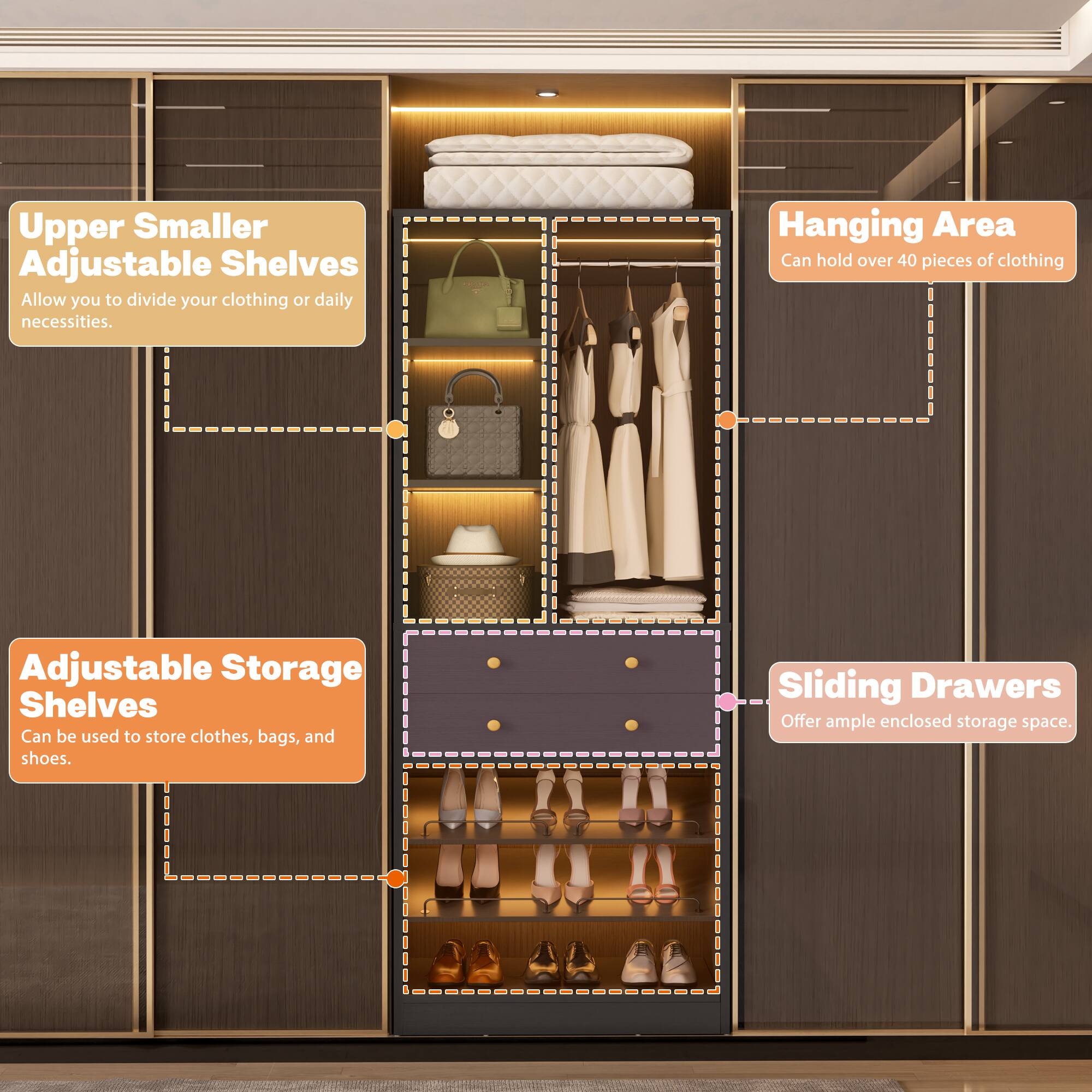 Upper Smaller Adjustable Shelves  
Allow you to divide your clothing or daily necessities.  

Hanging Area  
Can hold over 40 pieces of clothing  

Adjustable Storage Shelves  
Can be used to store clothes, bags, and shoes.  

Sliding Drawers  
Offer ample enclosed storage space.