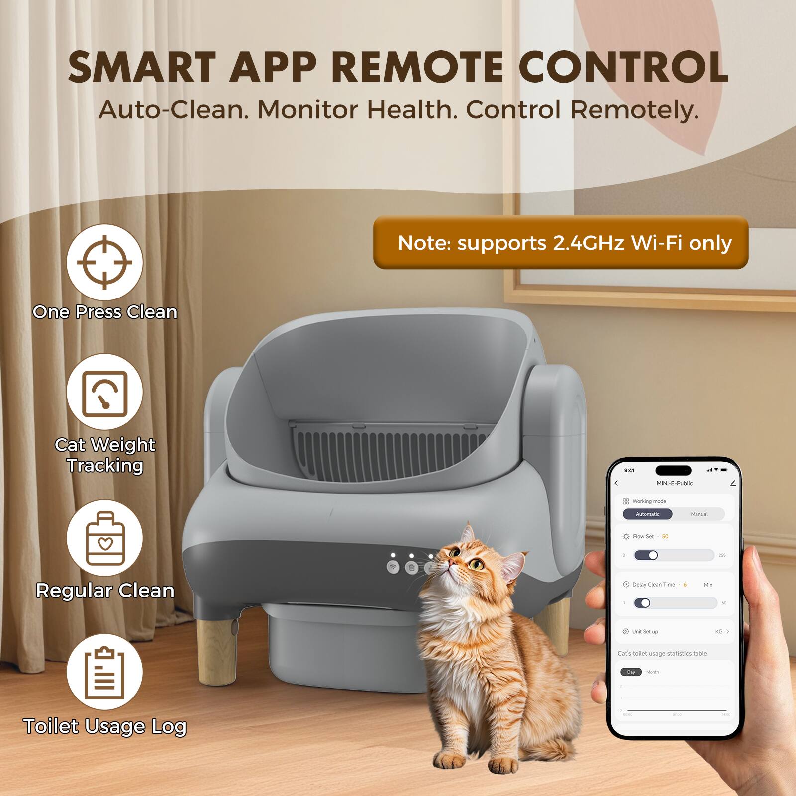 SMART APP REMOTE CONTROL  
Auto-Clean. Monitor Health. Control Remotely.  
Note: supports 2.4GHz Wi-Fi only  

One Press Clean  
Cat Weight Tracking  
Regular Clean  
Toilet Usage Log