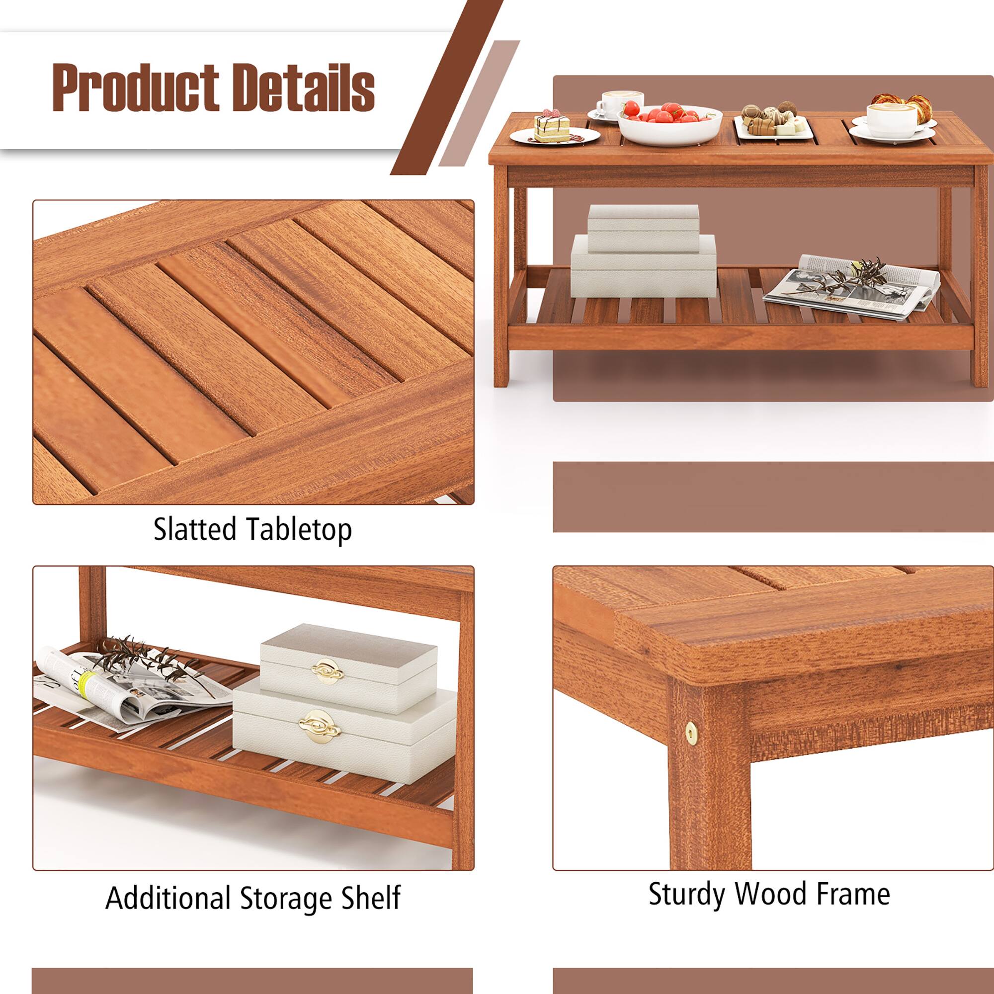 Product Details

- Slatted Tabletop
- Additional Storage Shelf
- Sturdy Wood Frame