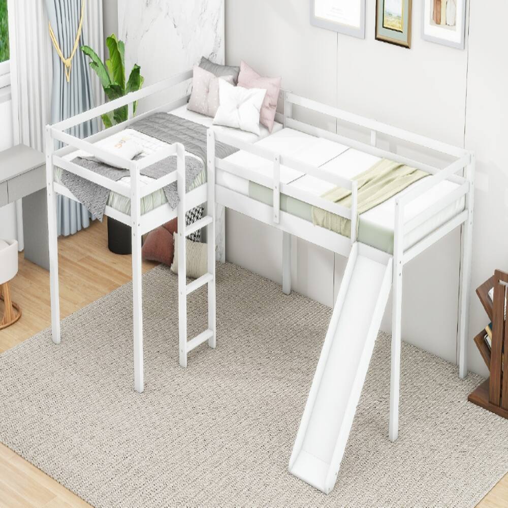 Alt View 2. Loheer - Loheer L-Shaped Twin Loft Bed with Slide and Ladder, White Corner Bed - White.