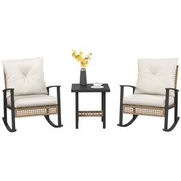 Outsunny - 3 Pieces Rocking Wicker Outdoor Bistro Set, Rattan Patio Furniture Set with Coffee Table and Porch Chairs - White
