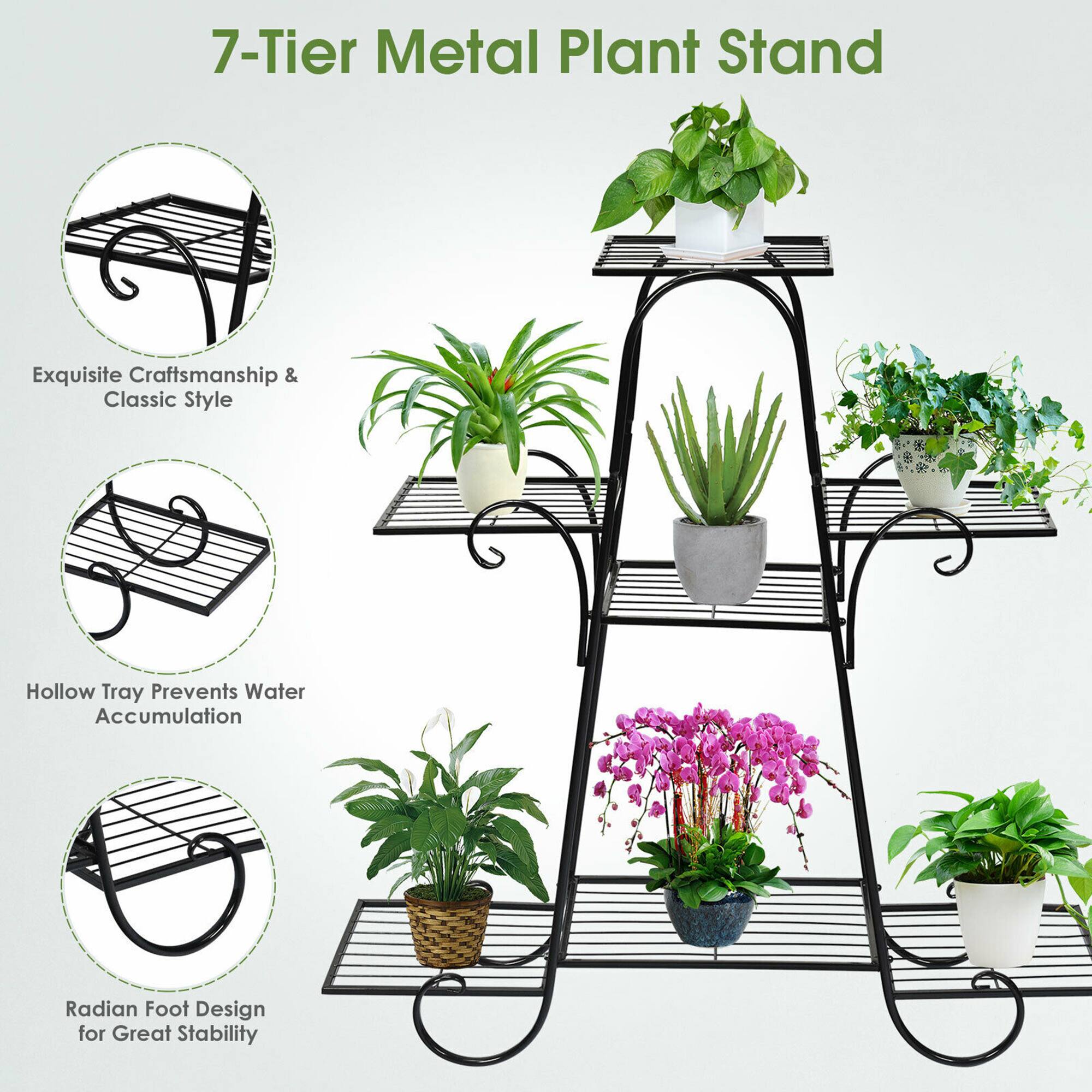 7-Tier Metal Plant Stand Exquisite Craftsmanship & Classic Style Hollow Tray Prevents Water Accumulation Radian Foot Design for Great Stability