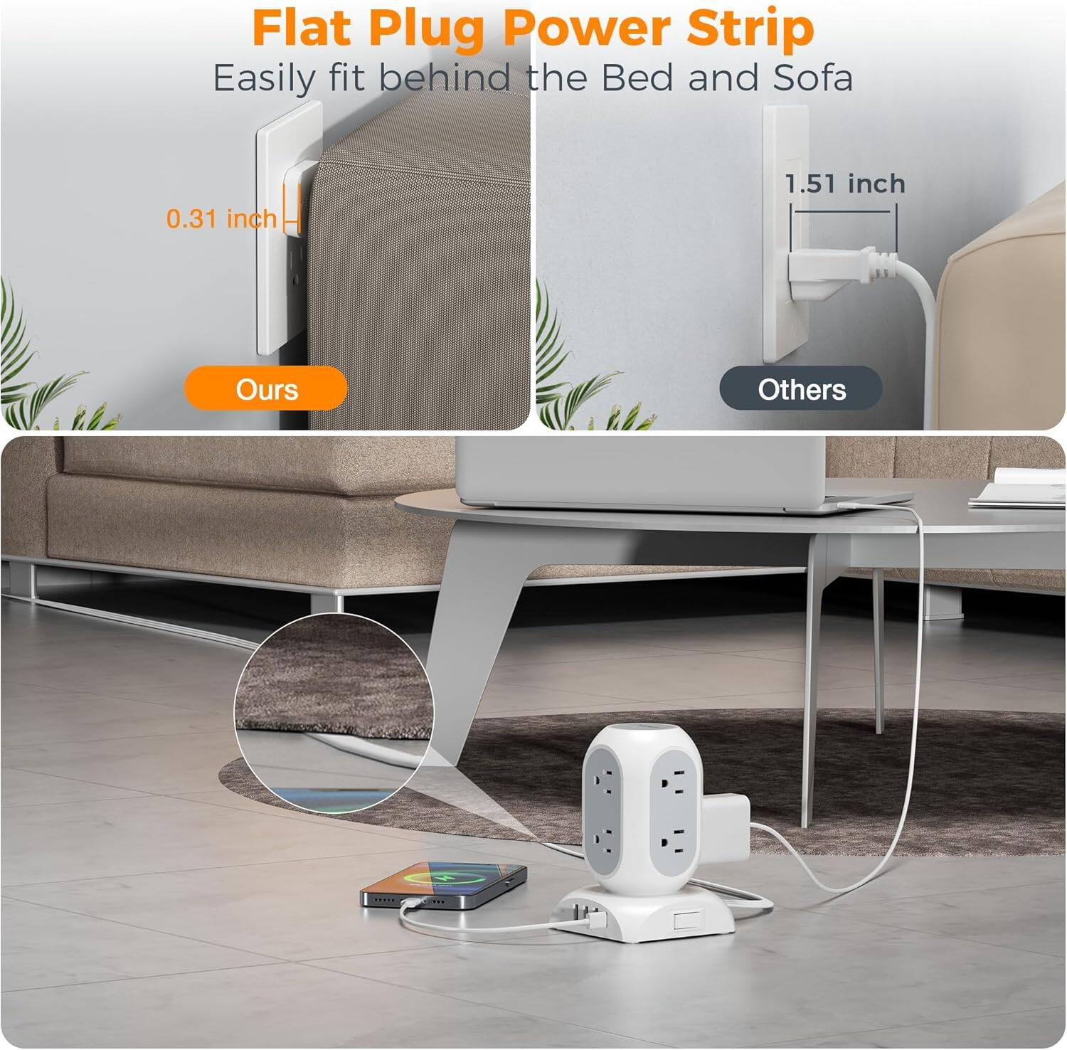 Flat Plug Power Strip  
Easily fit behind the Bed and Sofa  

0.31 inch  
Ours  

1.51 inch  
Others