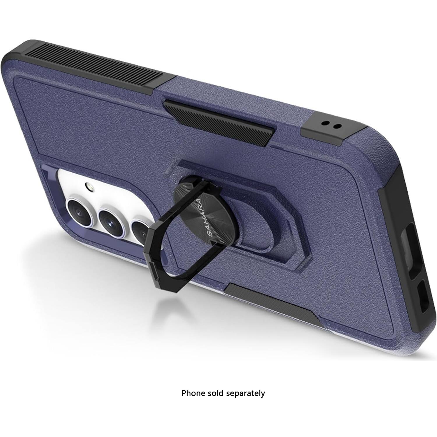 The image features a blue cell phone case that is designed to hold a phone securely. The case has a built-in stand that allows the phone to be propped up at an angle for easy viewing. The case is made of durable material and is designed to protect the phone from scratches and other damage. The phone itself is not visible in the image, but it is implied that it is sold separately.