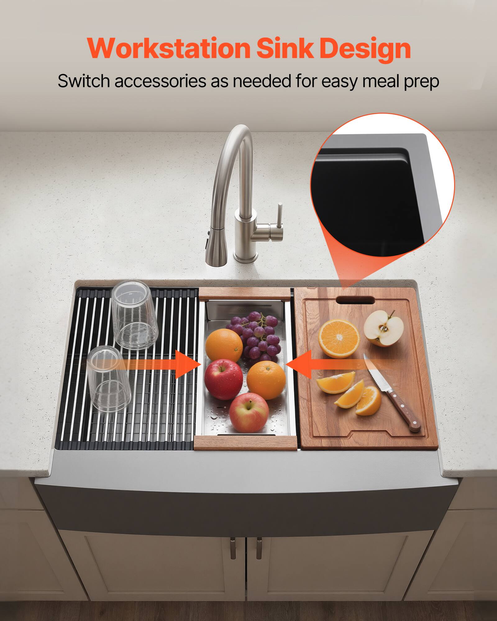 Workstation Sink Design  
Switch accessories as needed for easy meal prep