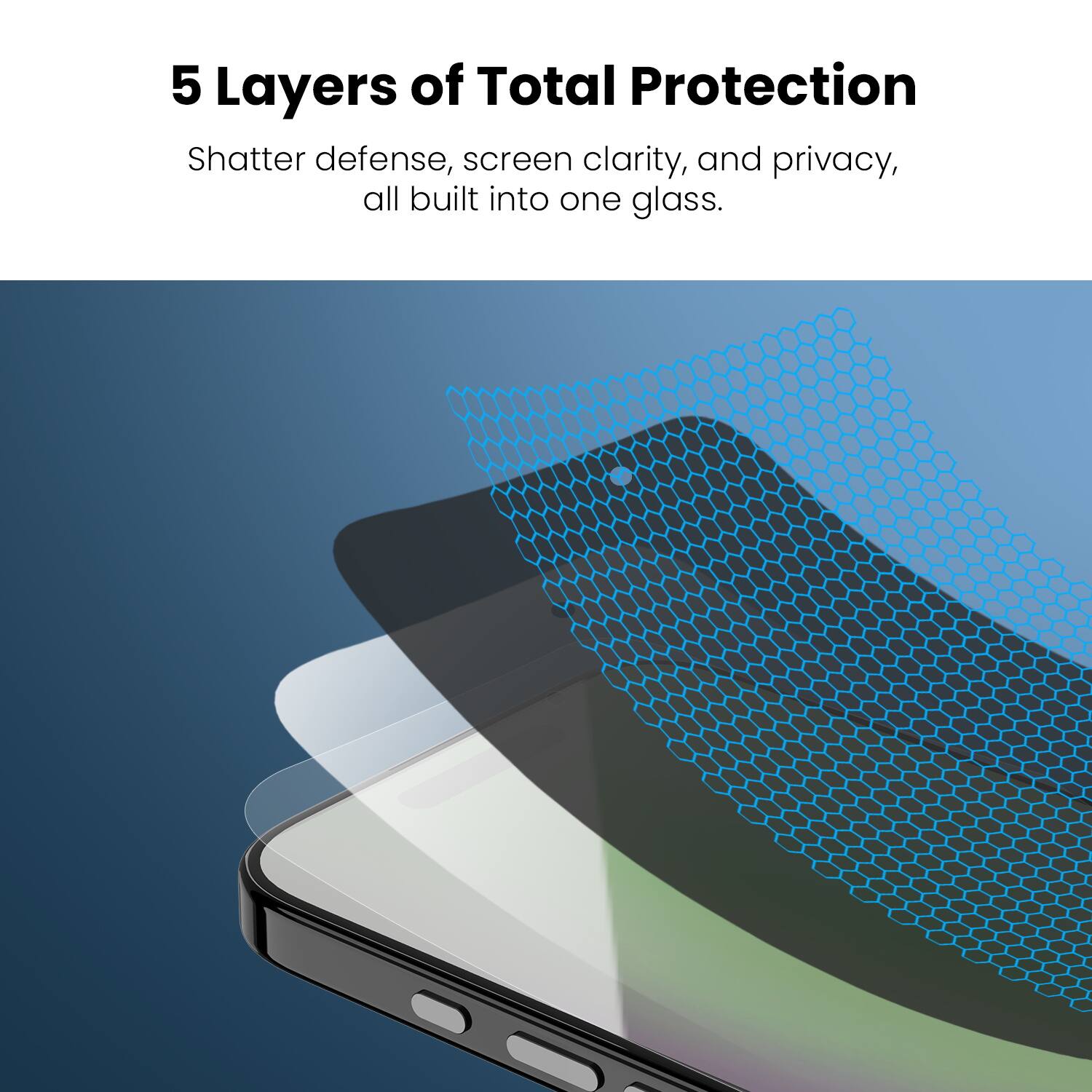 5 Layers of Total Protection

Shatter defense, screen clarity, and privacy, all built into one glass.