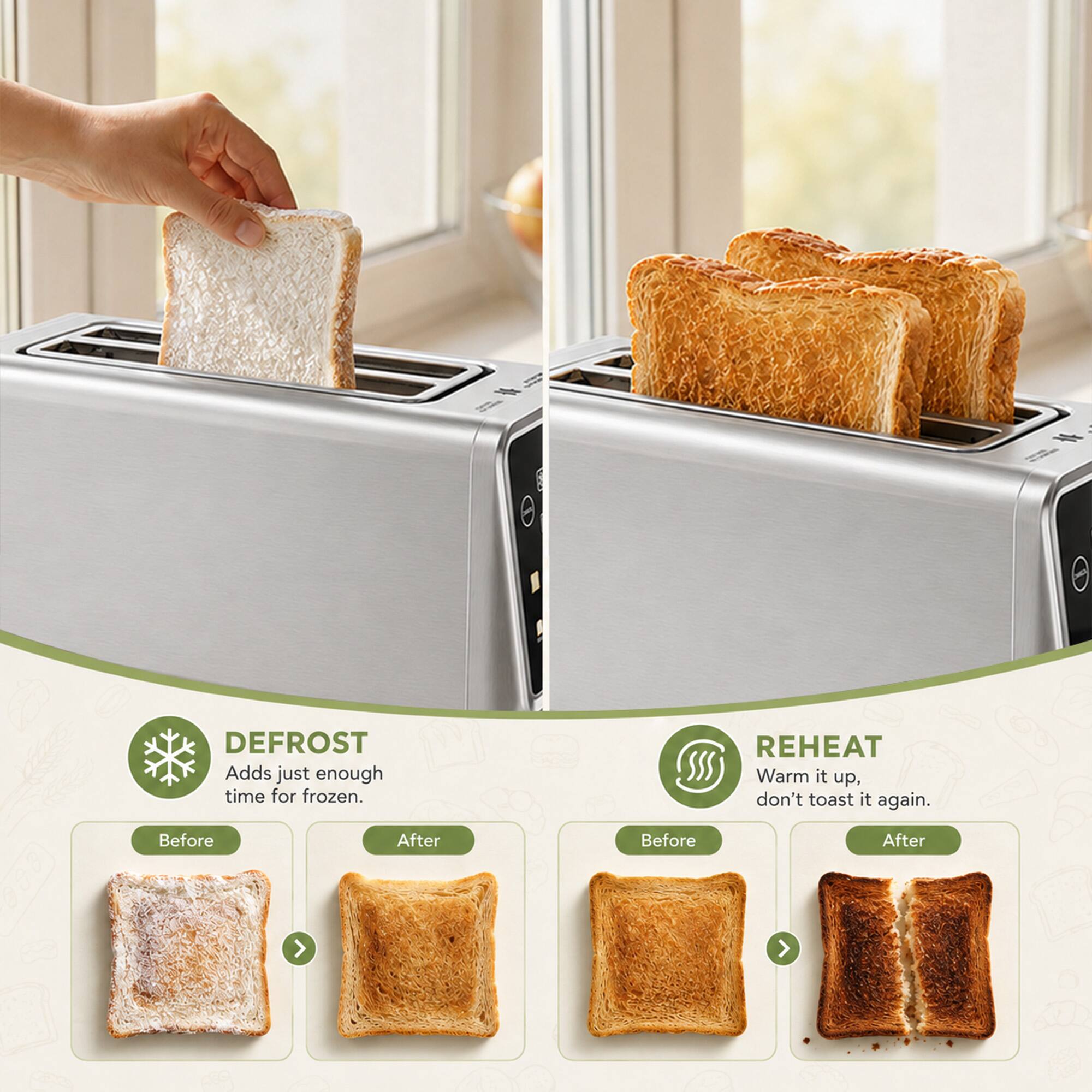 DEFROST  
Adds just enough time for frozen.  

REHEAT  
Warm it up, don't toast it again.  

Before  
After  
Before  
After