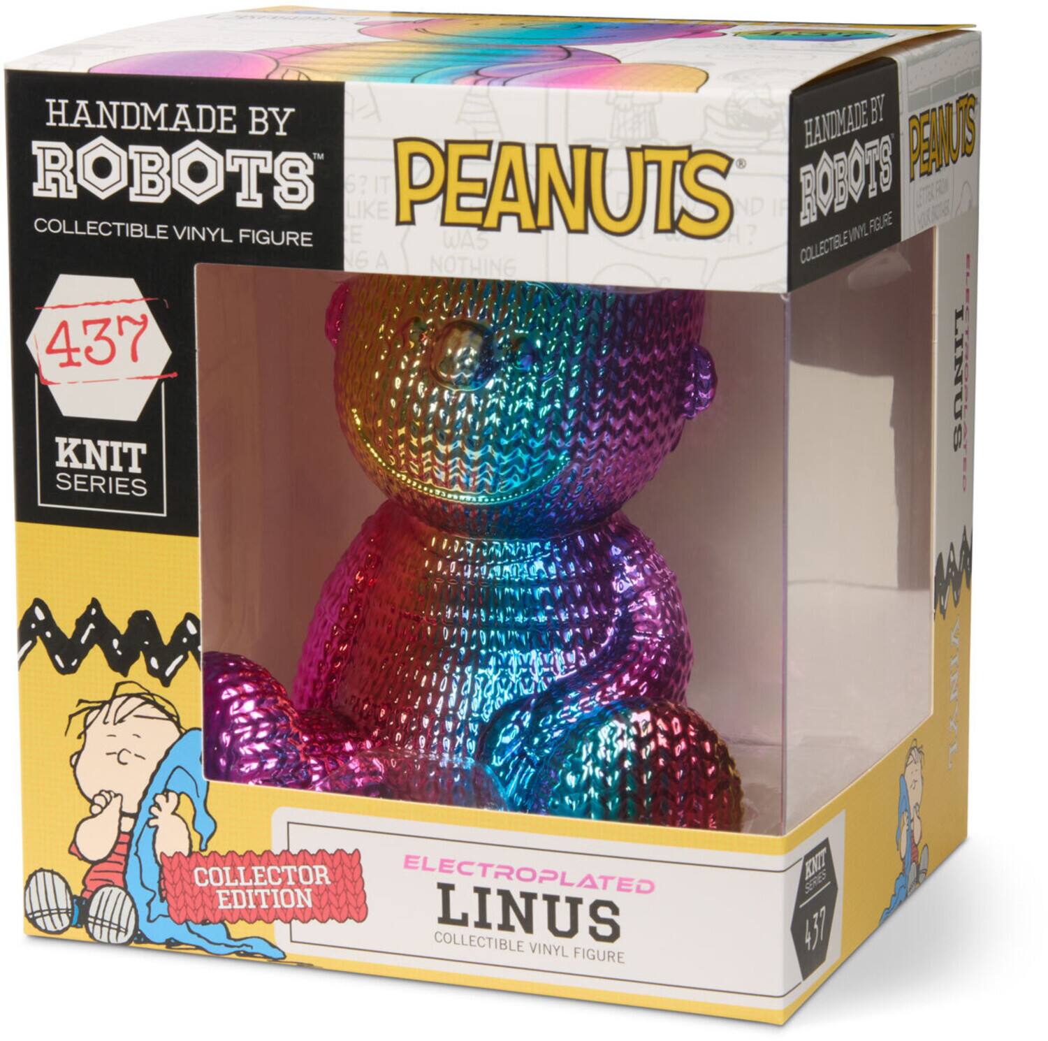 HANDMADE BY ROBOTS  
COLLECTIBLE VINYL FIGURE  

PEANUTS  

437  
KNIT SERIES  

ELECTROPLATED  
LINUS  
VINYL FIGURE  

COLLECTOR EDITION