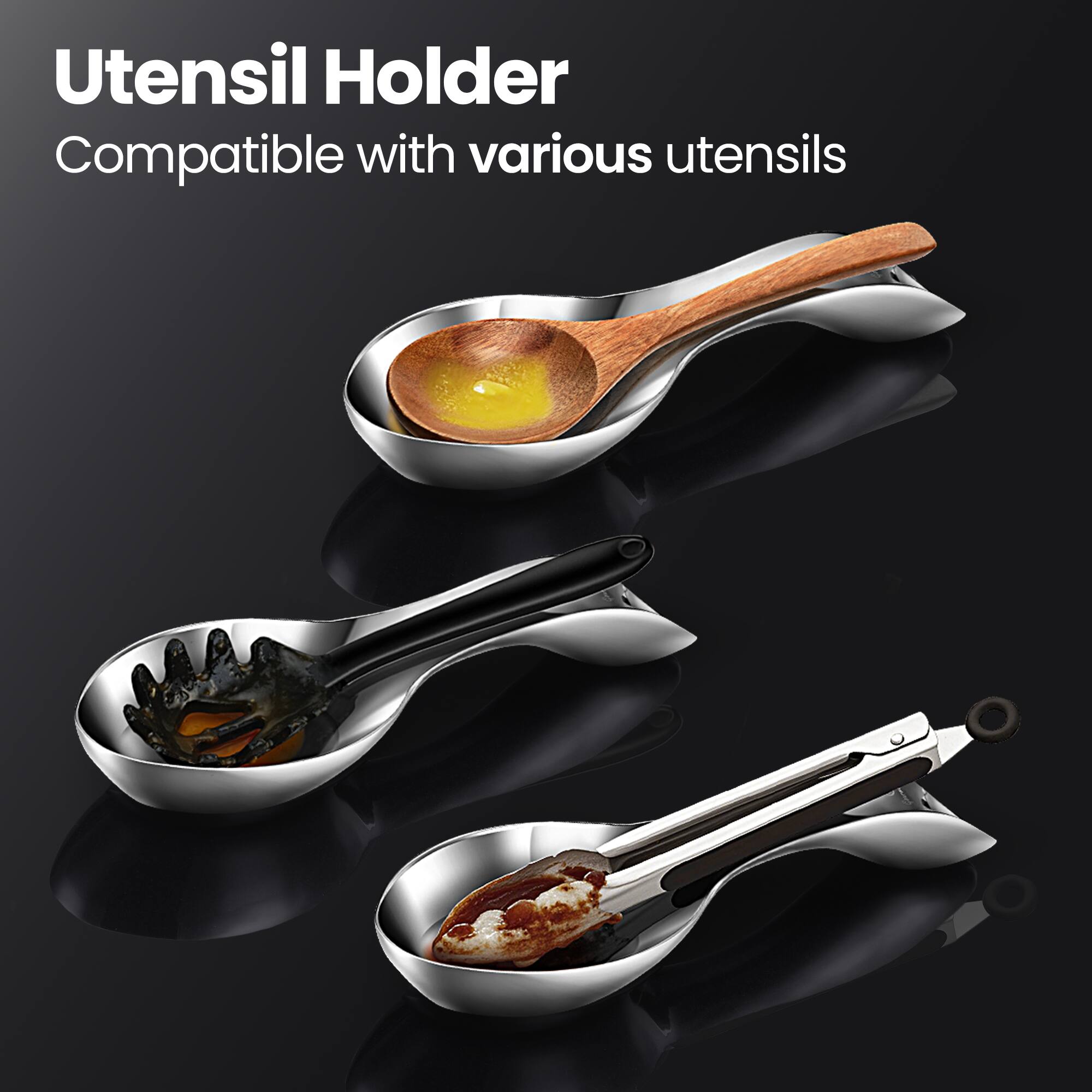 Left. Gourmet Easy - Break-Proof Kitchen Spoon Rest for Stove Top – Premium Stainless Steel Spoon Holder for Kitchen Counter – Heavy-Duty.