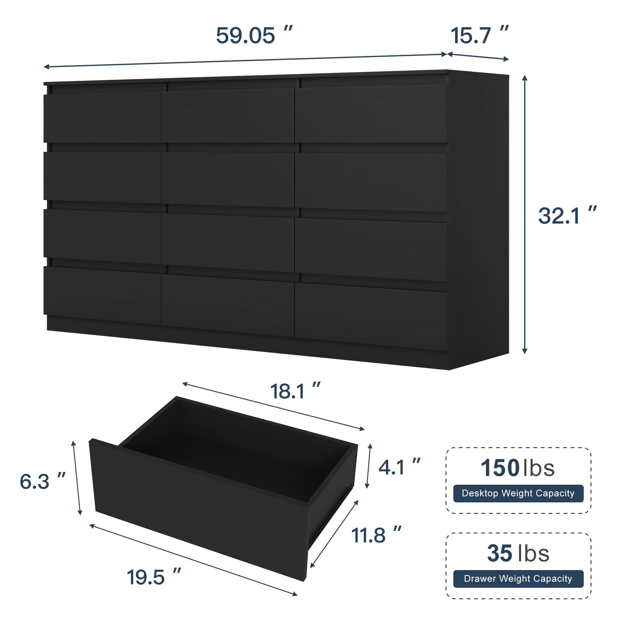 59.05"  
15.7"  
32.1"  
18.1"  
6.3"  
4.1"  
19.5"  
11.8"  

150 lbs Desktop Weight Capacity  
35 lbs Drawer Weight Capacity
