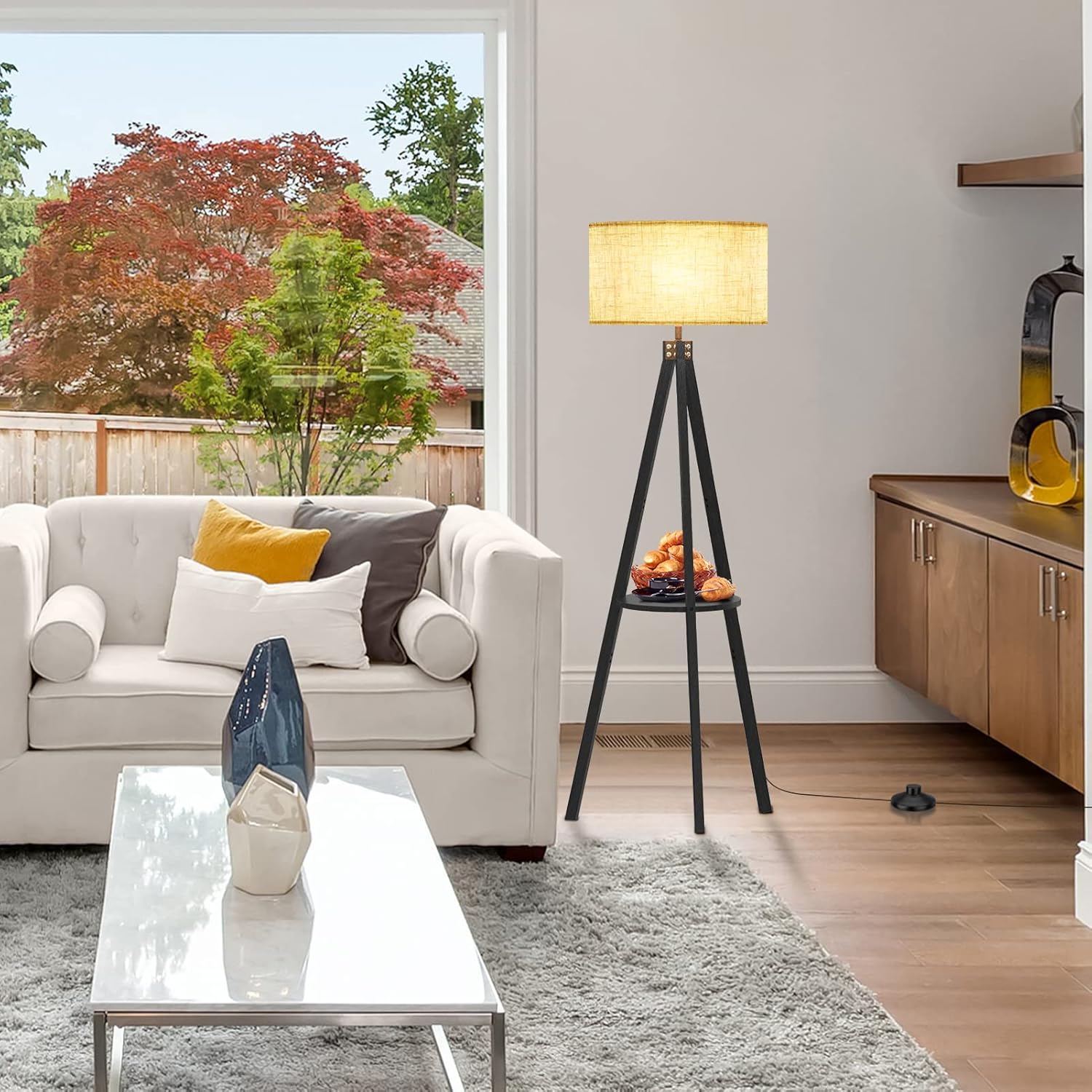 Alt View 2. Lepower - 61" Tripod Floor Lamp with Shelf, E26 Base, Solid Wood Standing Lamp for Living Room, Bedroom & Office - Black.
