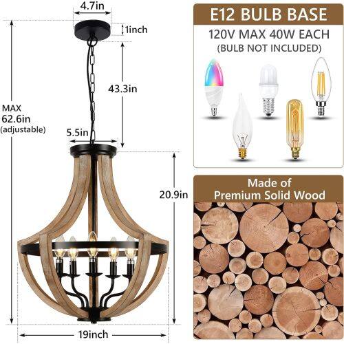 4.7in 1inch E12 BULB BASE 120V MAX 40W EACH (BULB NOT INCLUDED)  
43.3in MAX 62.6in (adjustable)  
5.5in 20.9in  
Made of Premium Solid Wood  
19inch