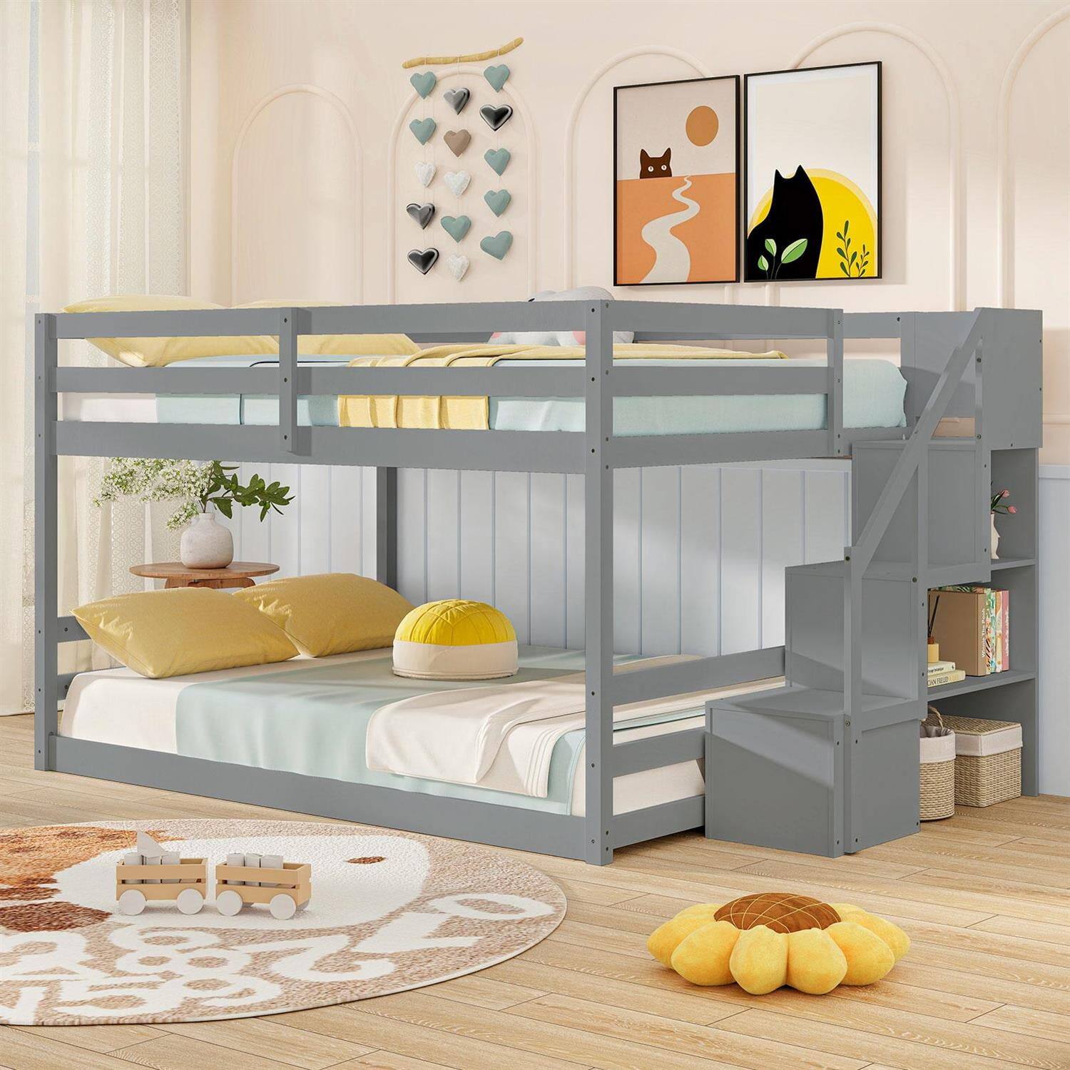 Alt View 3. Pefilos - Full over Full Low Bunk Bed, Solid Wood Frame with 14+7 Plywood Slats, Storage Stairs (3 Compartments), 12.5" - Gray.